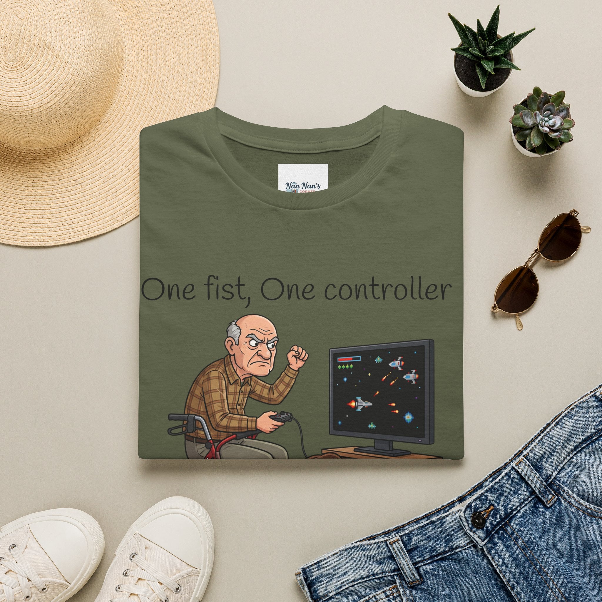 One Fist One Controller Zero Patience Grandpa Unisex Graphic T-Shirt – Funny Gaming Cotton Tee