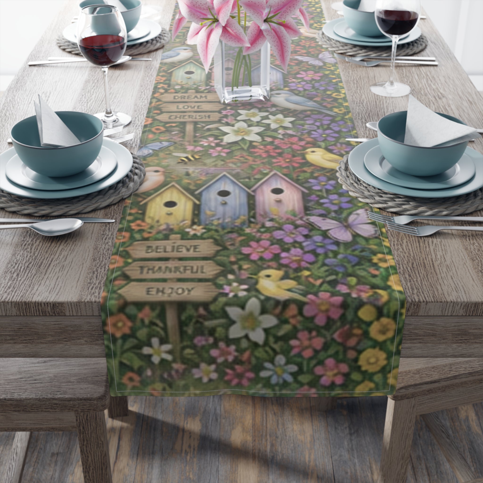 Floral Garden Birds Bees Butterflies Table Runner
