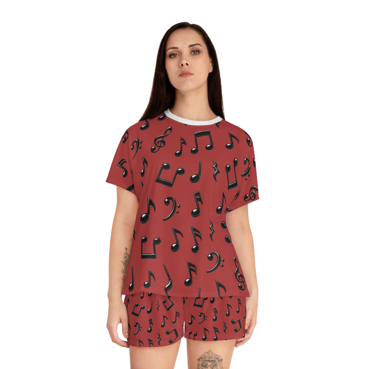 Women's Music Notes Pajama Set — Red Short Sleepwear