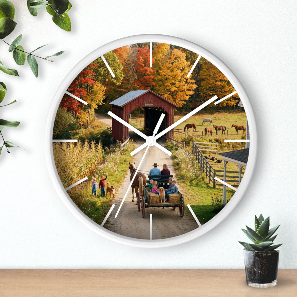 Autumn Covered Bridge Wall Clock / Country Wagon & Fall Scenery