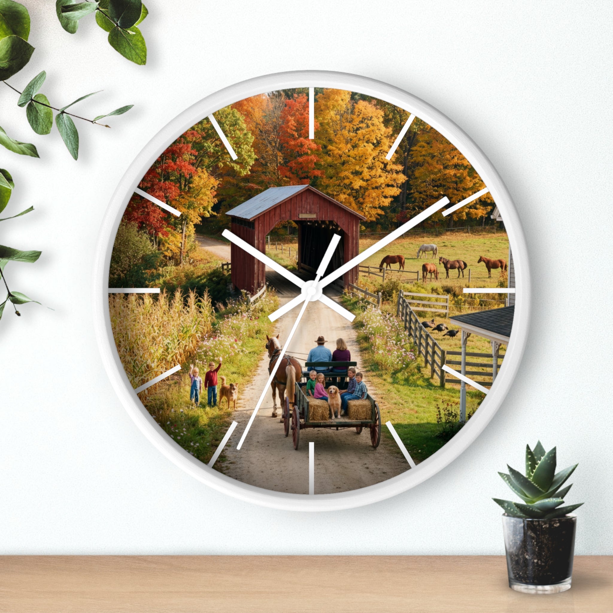 Autumn Covered Bridge Wall Clock / Country Wagon & Fall Scenery
