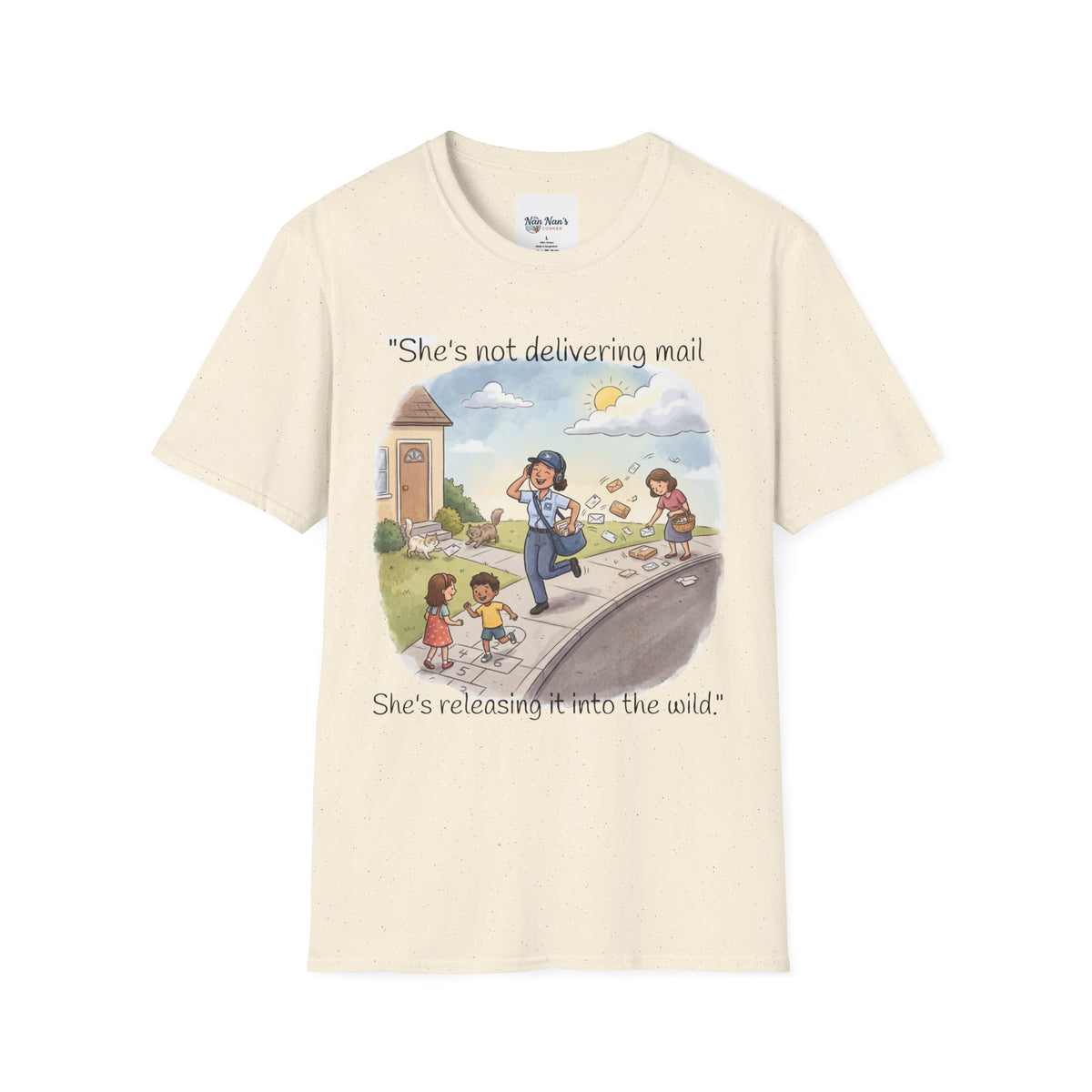 T‑Shirt – "She’s not delivering mail, she’s delivering a little wind" Cute Postal Worker Illustration Tee