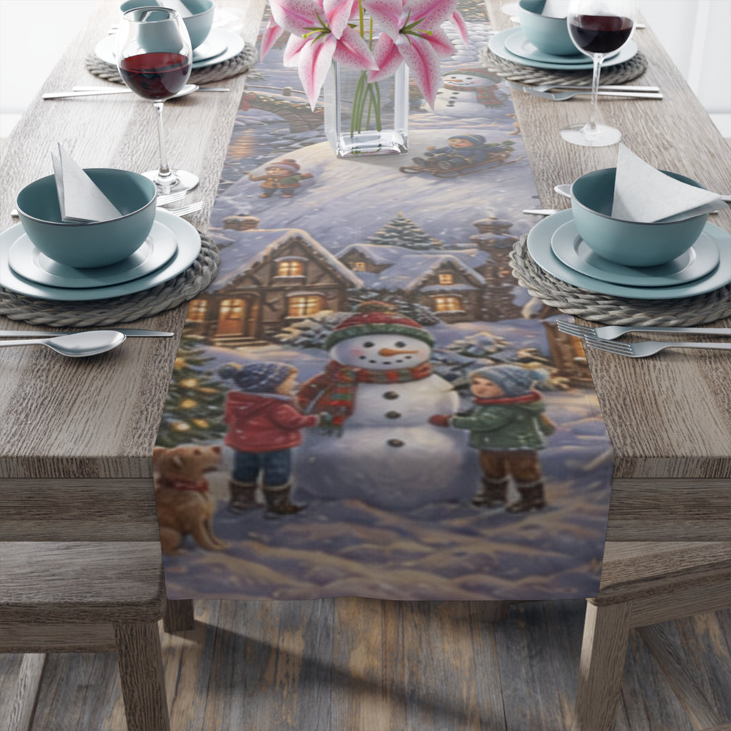 Storybook Snowman Village Table Runner, Winter Wonderland Cotton Poly