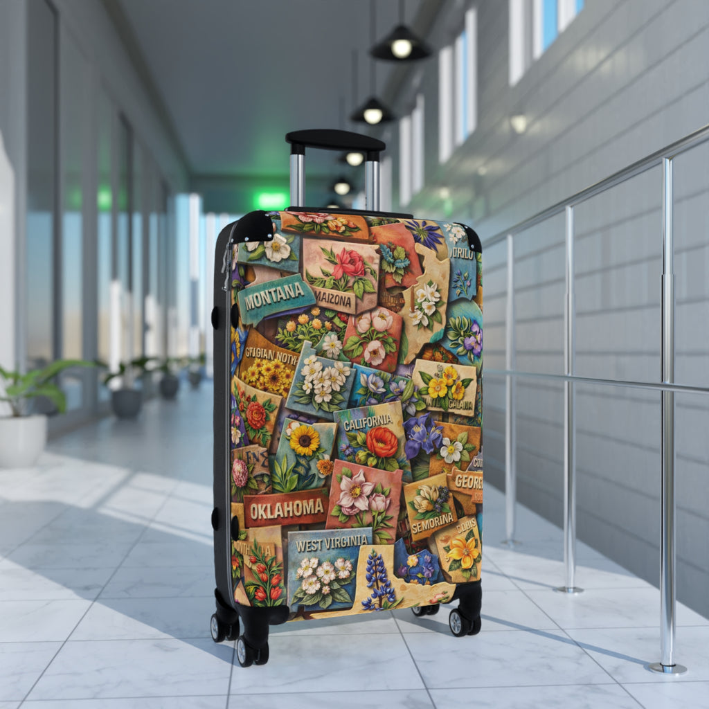 USA State Map Collage with State Flowers Suitcase