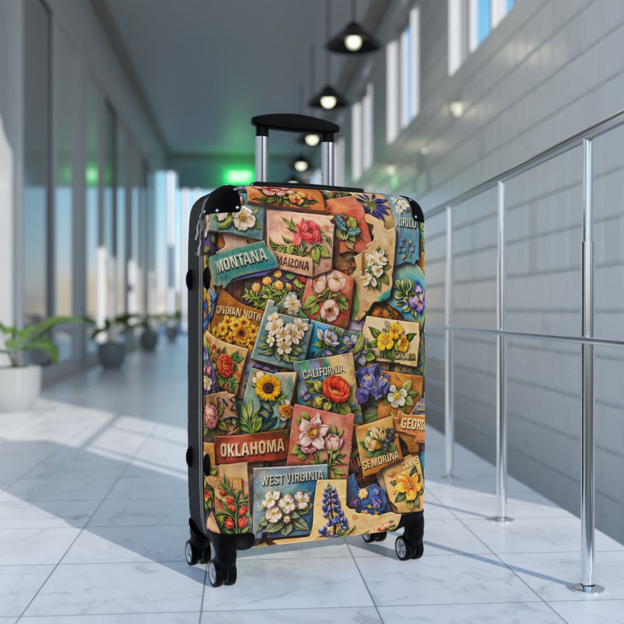 USA State Map Collage with State Flowers Suitcase