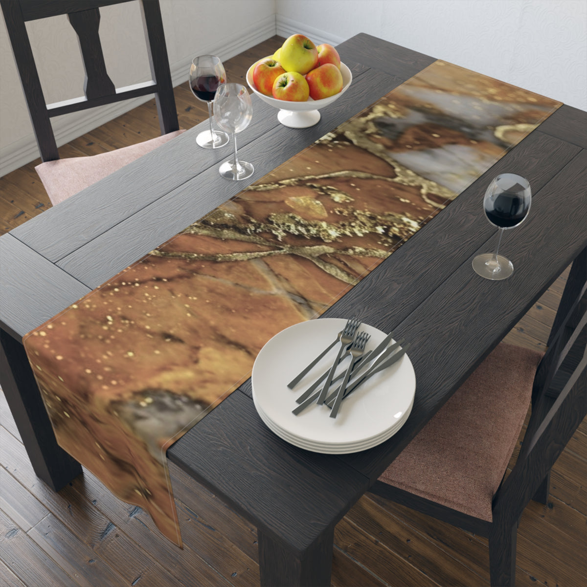 Rust Marble with Gold Veins Table Runner | Elegant Marble Pattern Home Decor