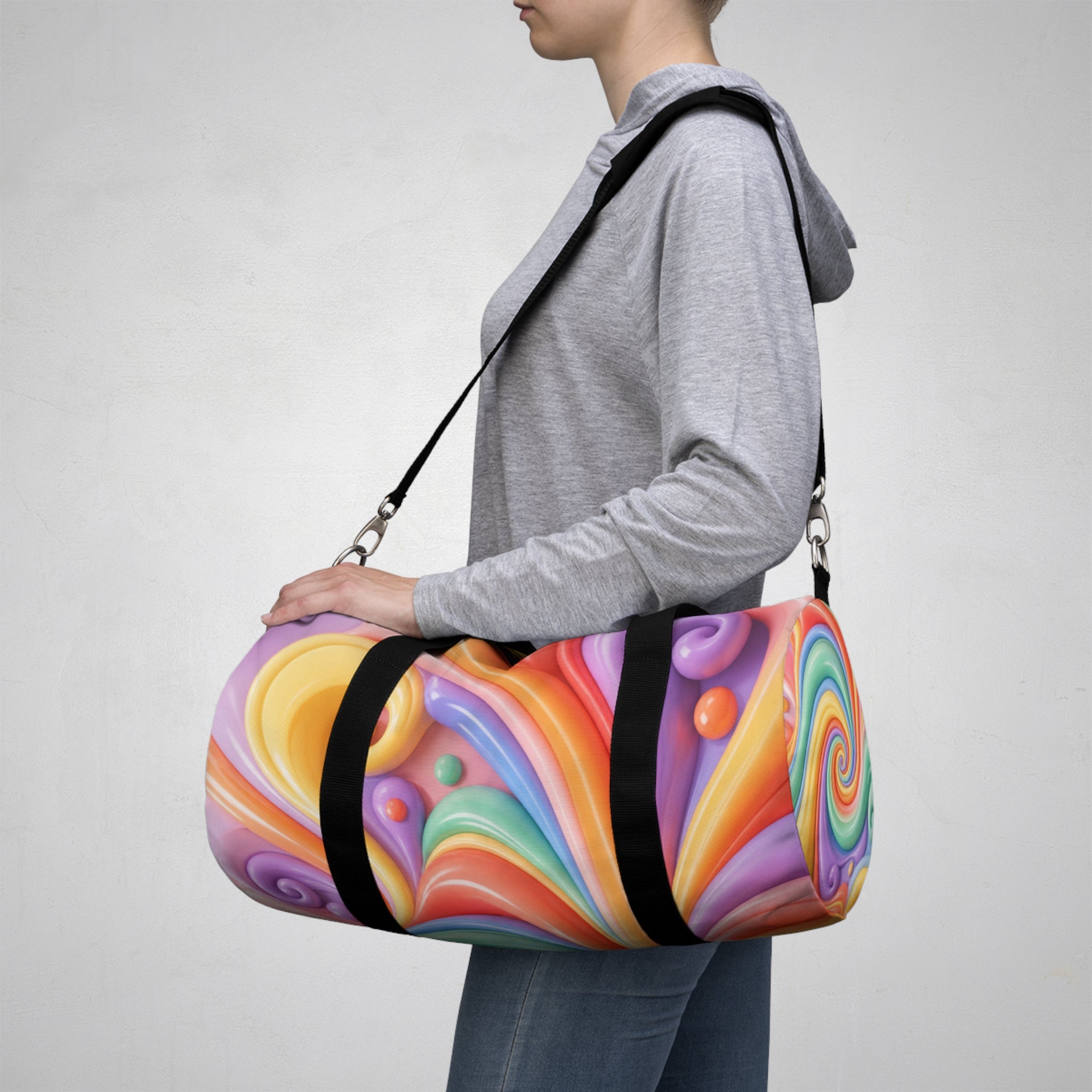 Colorful Swirl Duffel Bag — Retro Rainbow Travel & Gym Bag