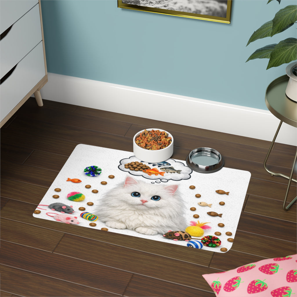White Cat with Toys Pet Food Mat | 12x18 Cat Feeding Mat