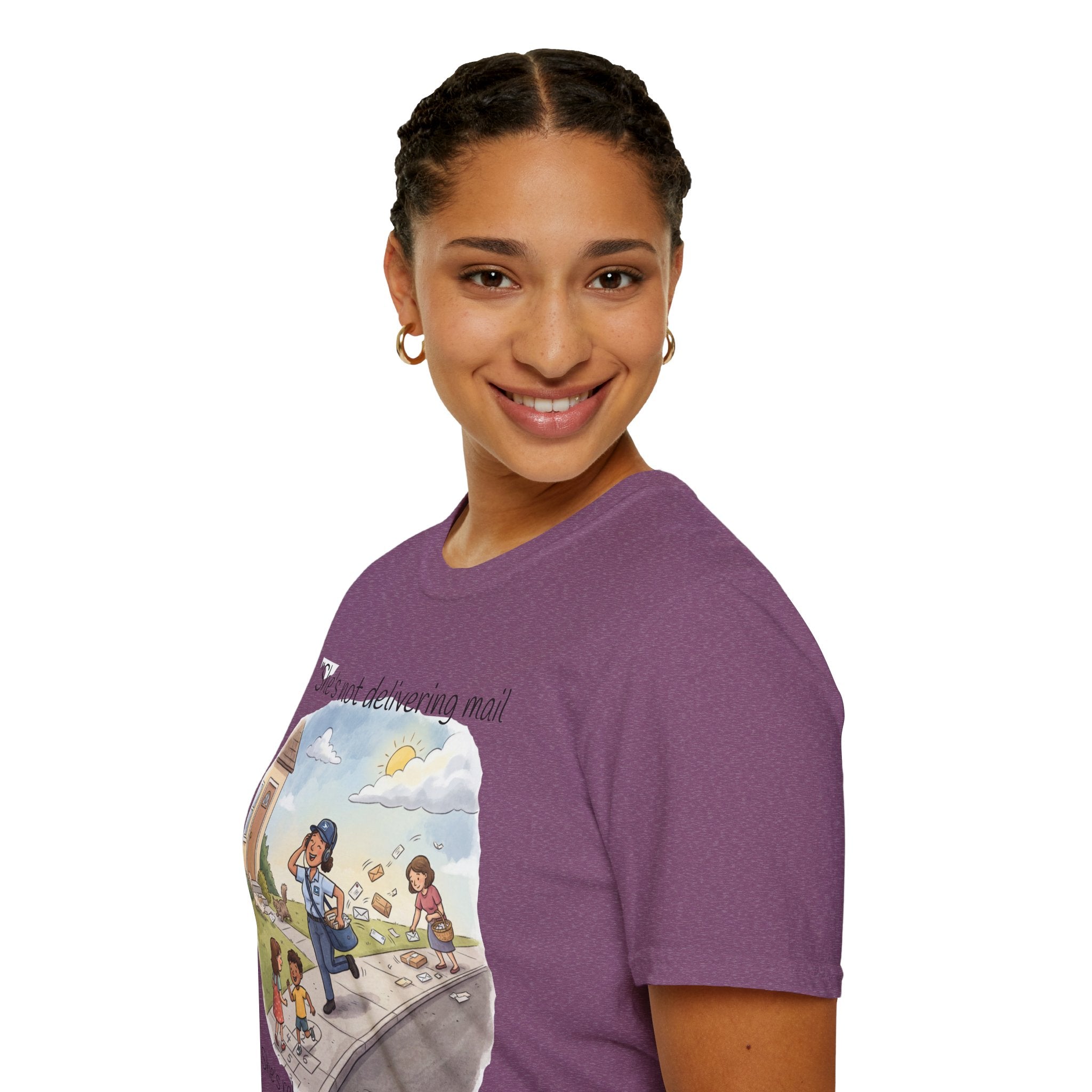 T‑Shirt – "She’s not delivering mail, she’s delivering a little wind" Cute Postal Worker Illustration Tee