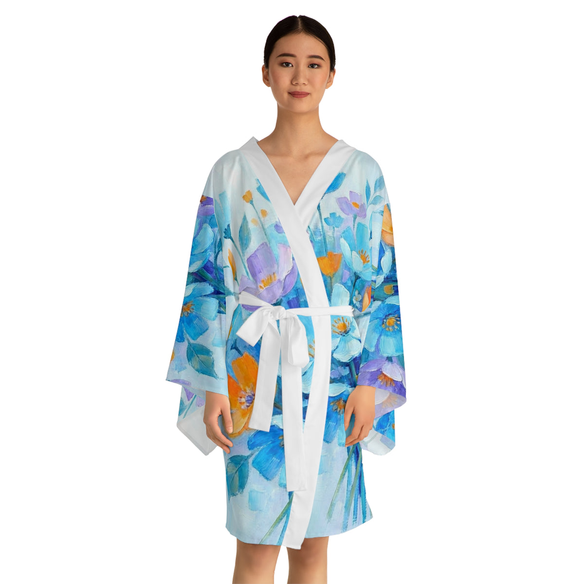 Blue & Orange Floral Kimono Robe - Watercolor Flowers