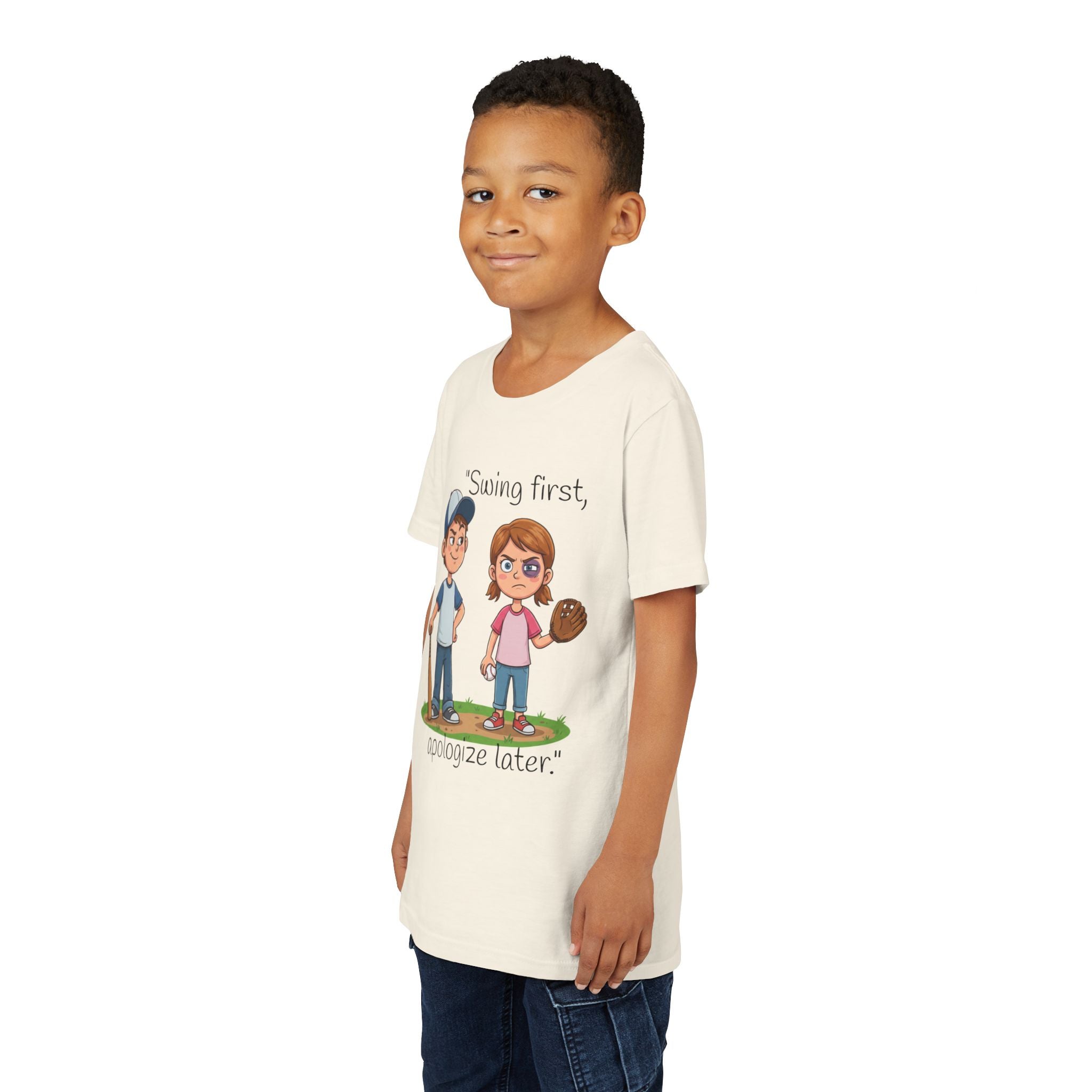 Youth Tee / "Swing First, Apologize Later" Baseball & Softball Kids Shirt