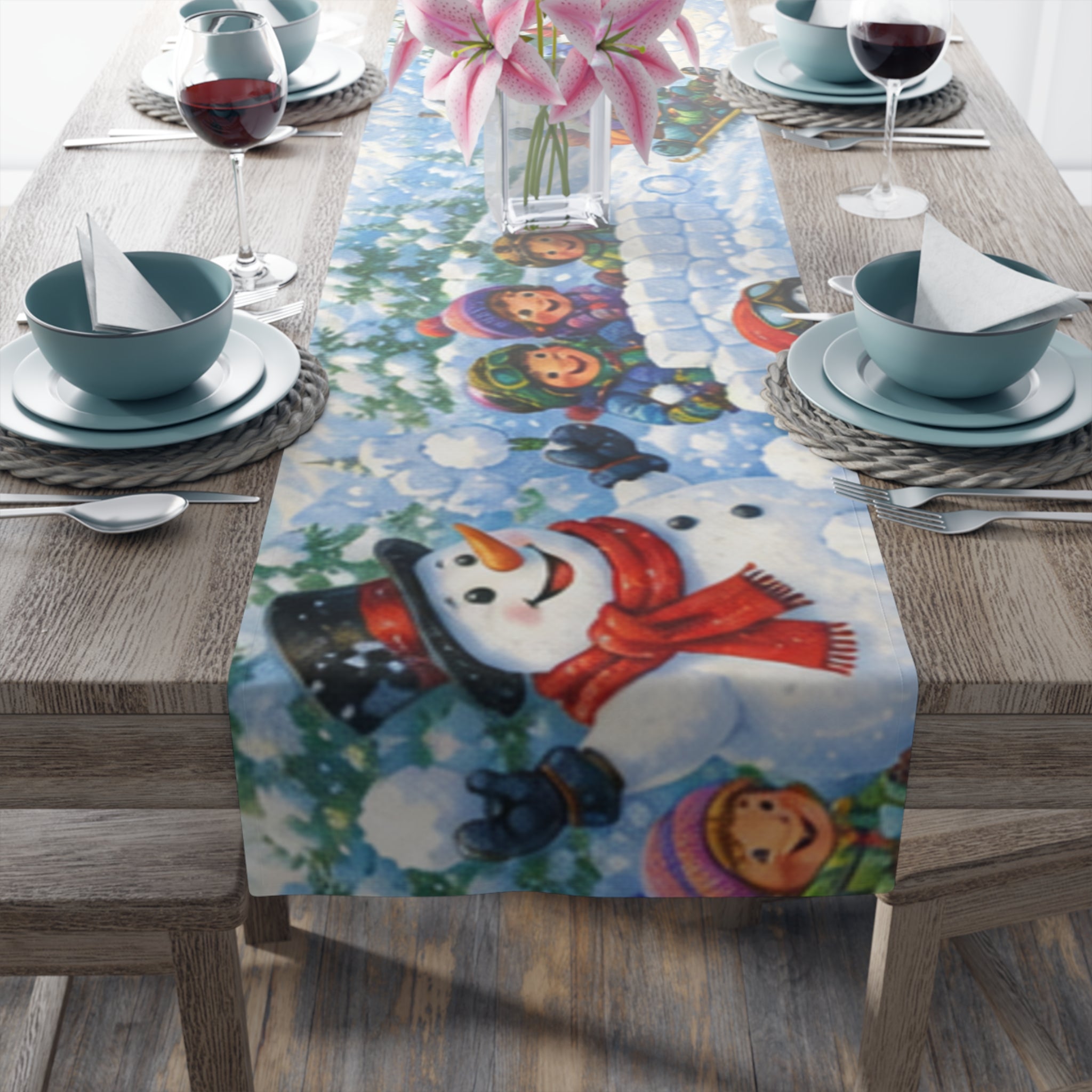 Snowball Fight Snowman Scene Table Runner | Cotton Poly