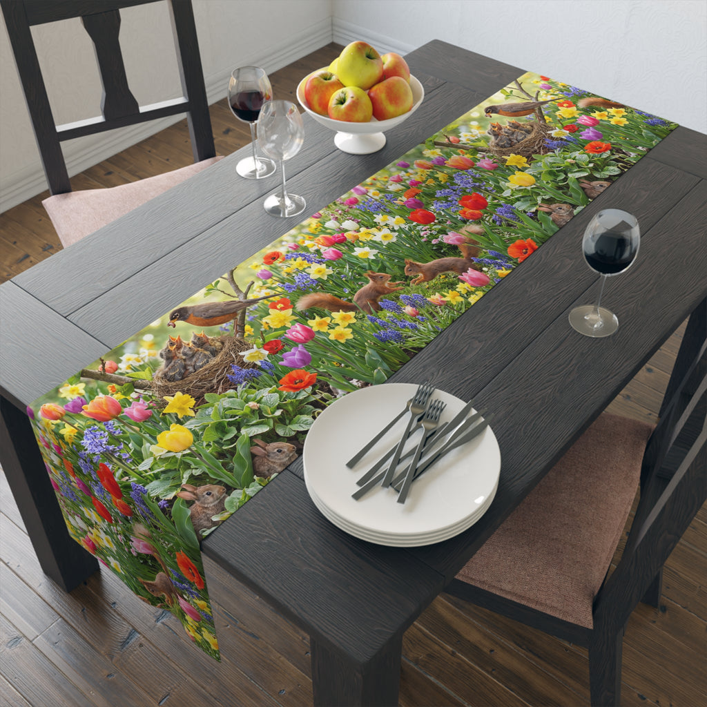 Spring Garden Birds Table Runner / Floral Tulip & Daffodil Dining Decor