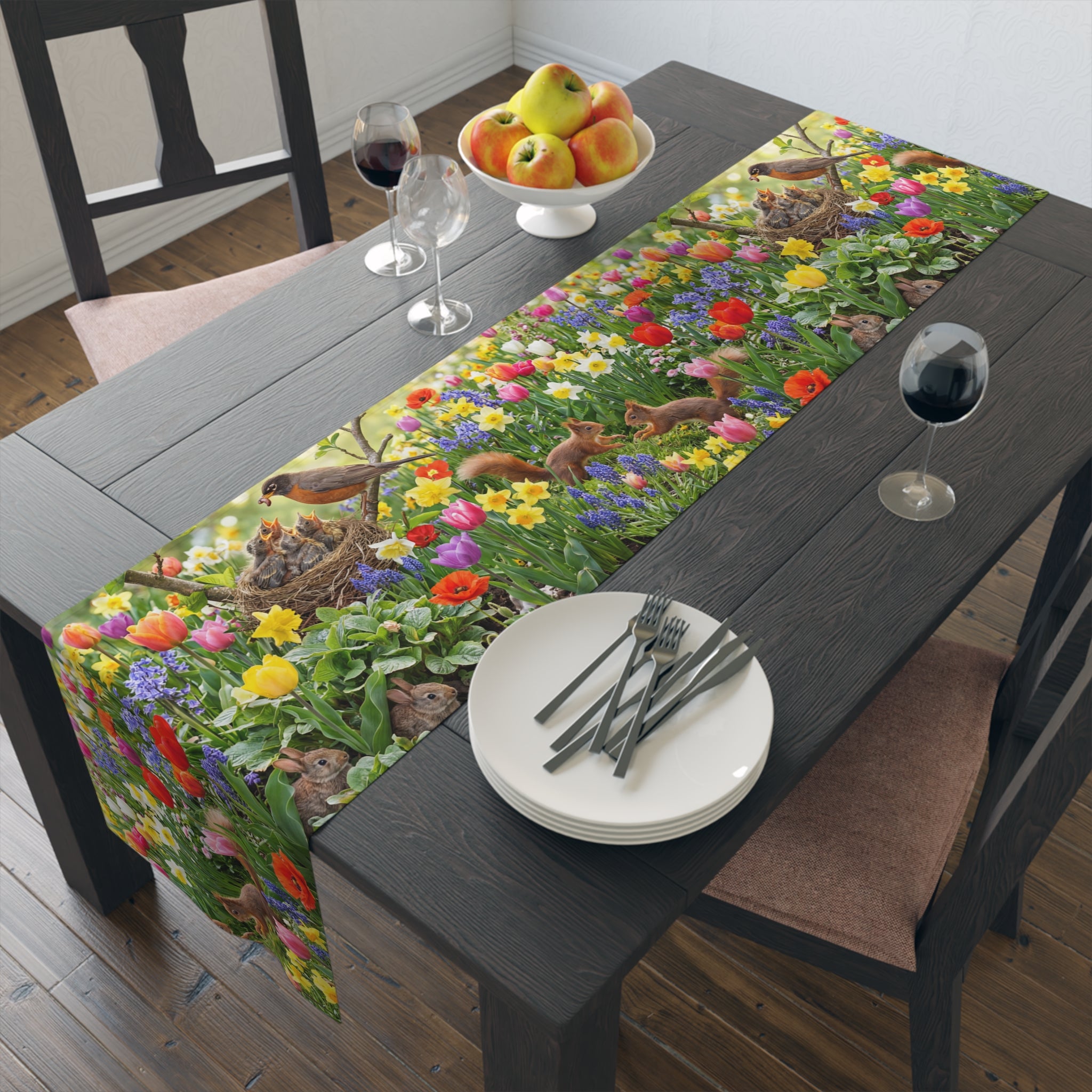 Spring Garden Birds Table Runner / Floral Tulip & Daffodil Dining Decor