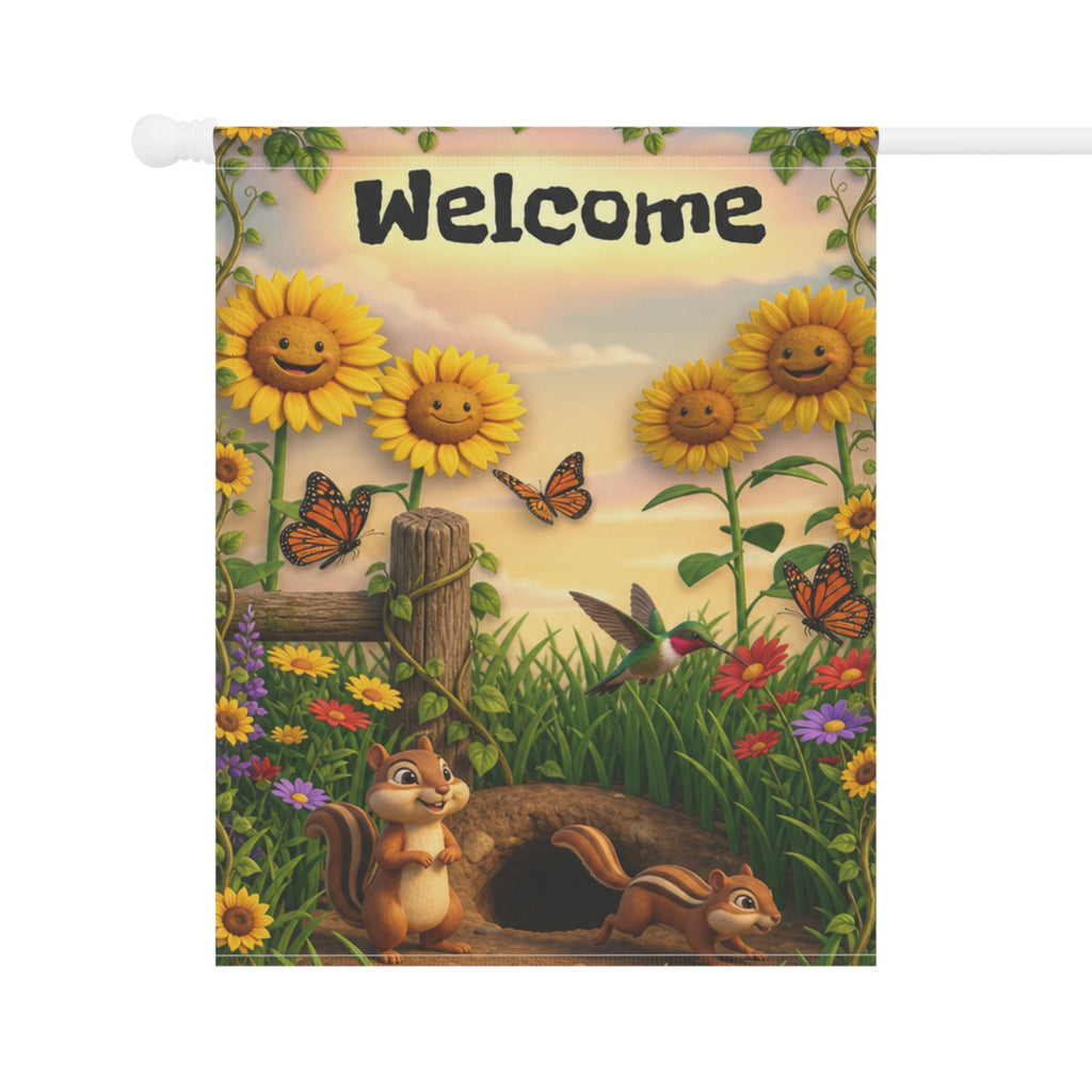 Chipmunks & Sunflowers Welcome Banner flag | Garden House Porch Decor
