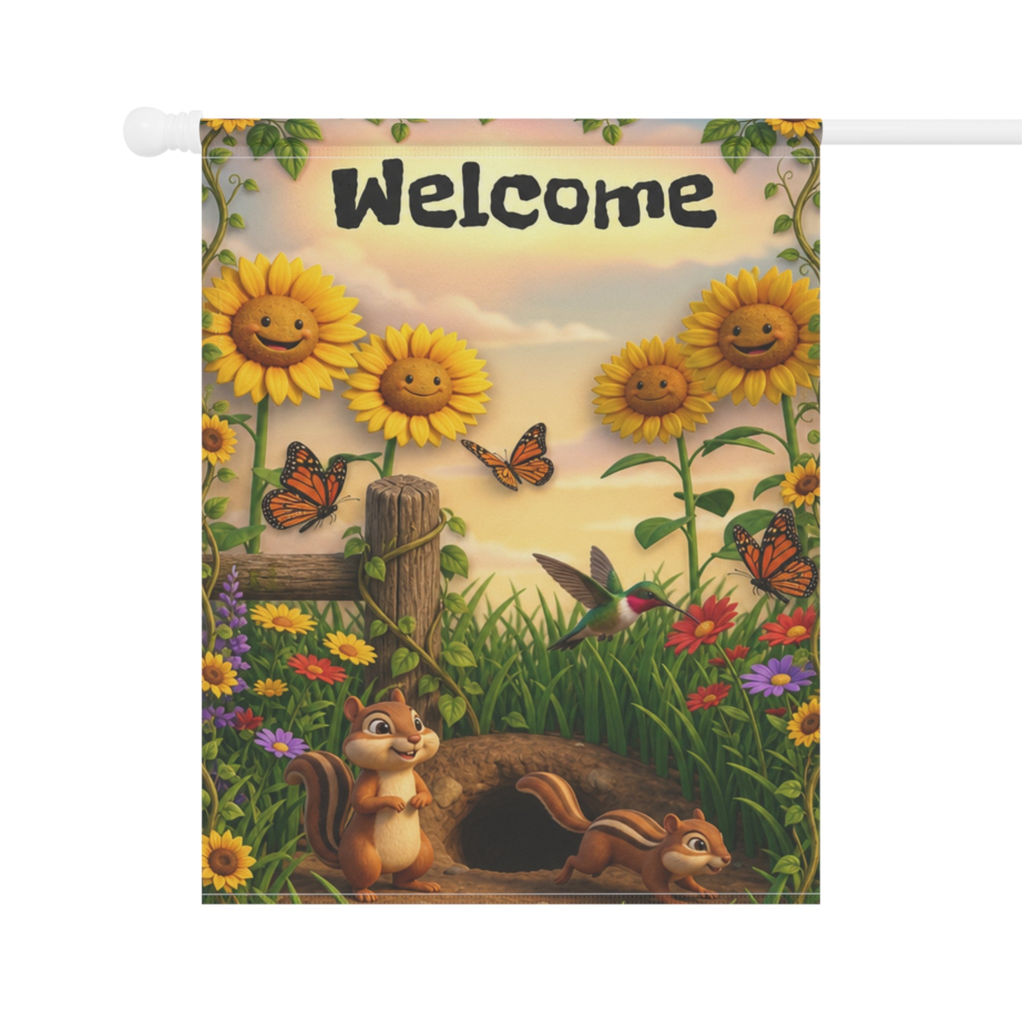 Chipmunks & Sunflowers Welcome Banner flag | Garden House Porch Decor