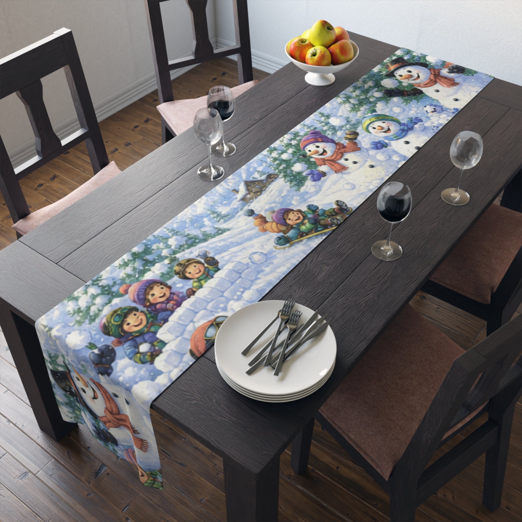 Snowball Fight Snowman Scene Table Runner | Cotton Poly