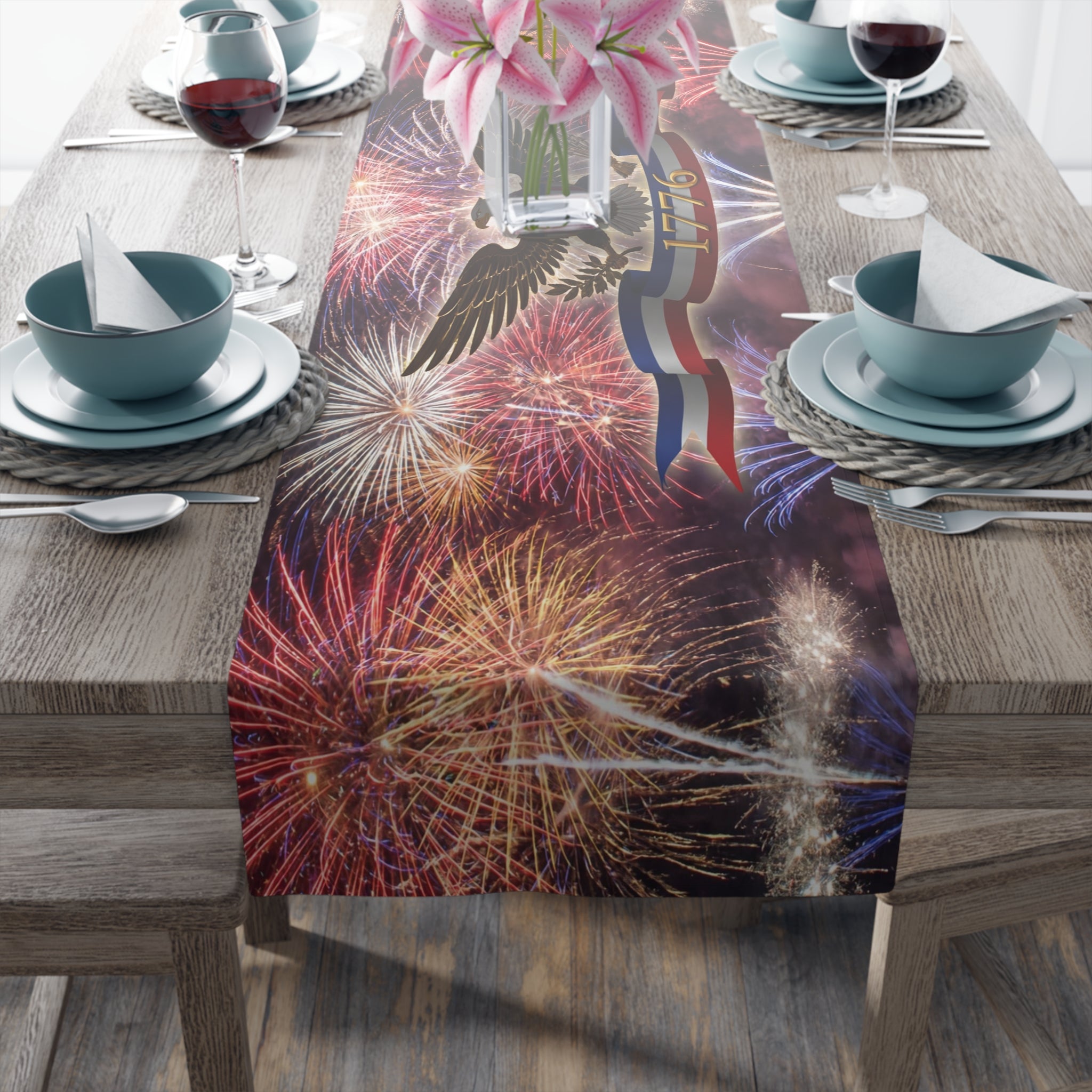 American Eagle with Fireworks Table Runner | Cotton Poly