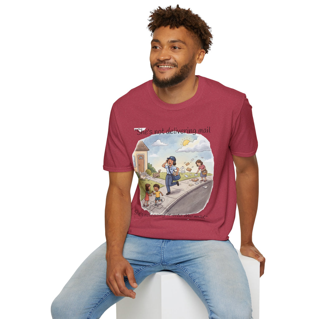 T‑Shirt – "She’s not delivering mail, she’s delivering a little wind" Cute Postal Worker Illustration Tee