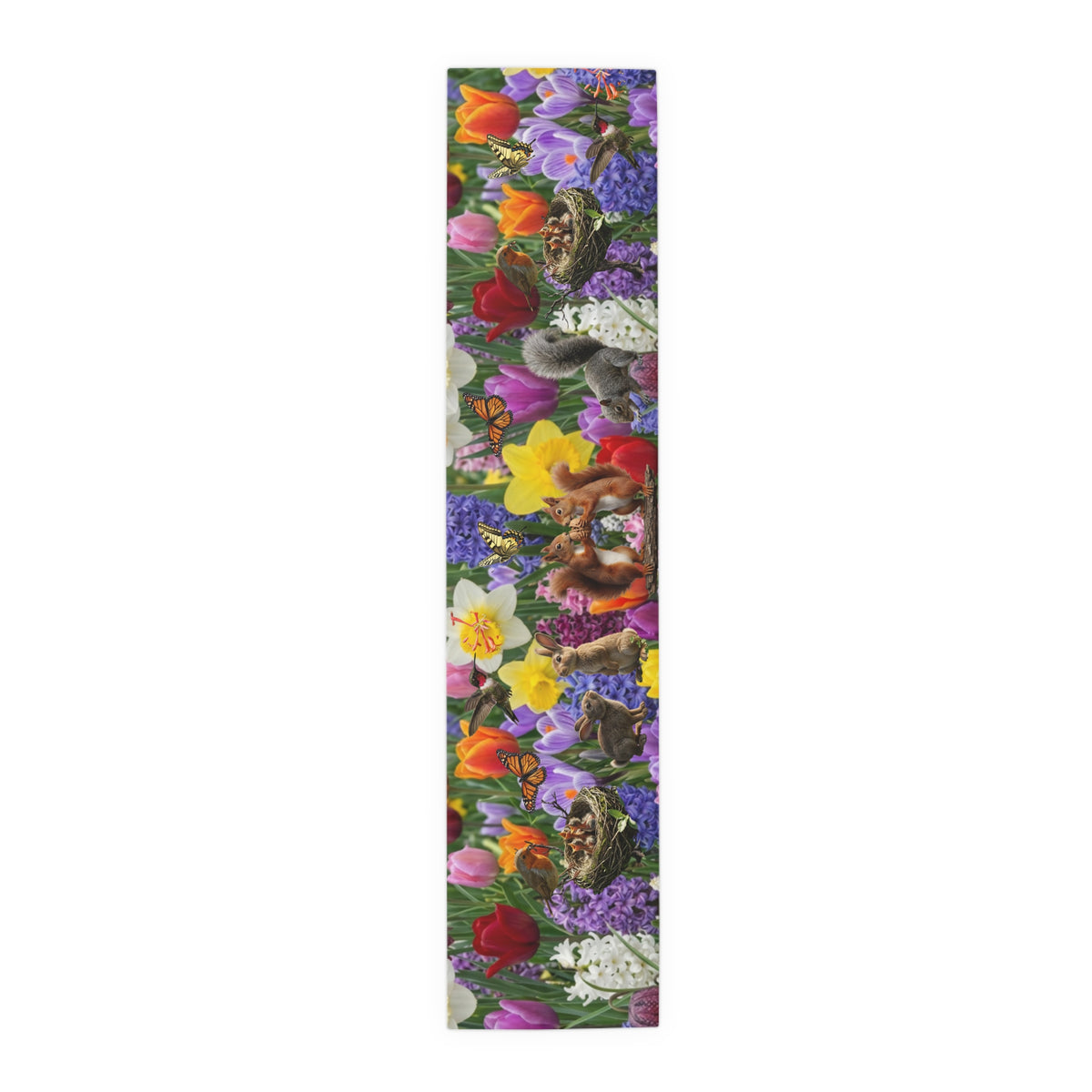 Spring Garden Birds Table Runner | Floral Tulip & Daffodil Dining Decor