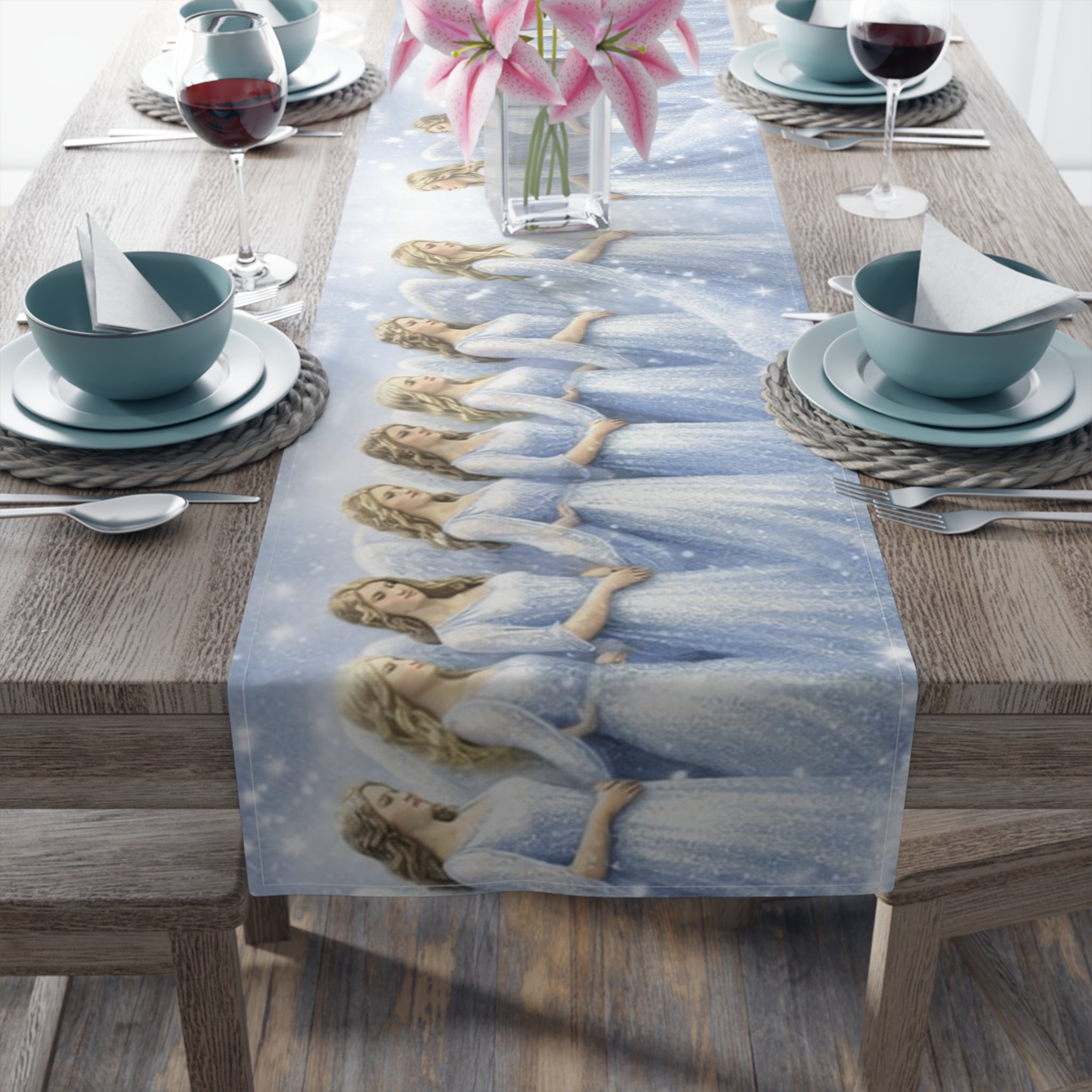 Angelic Women Illustration Table Runner | Heavenly Figures, Soft Pastel