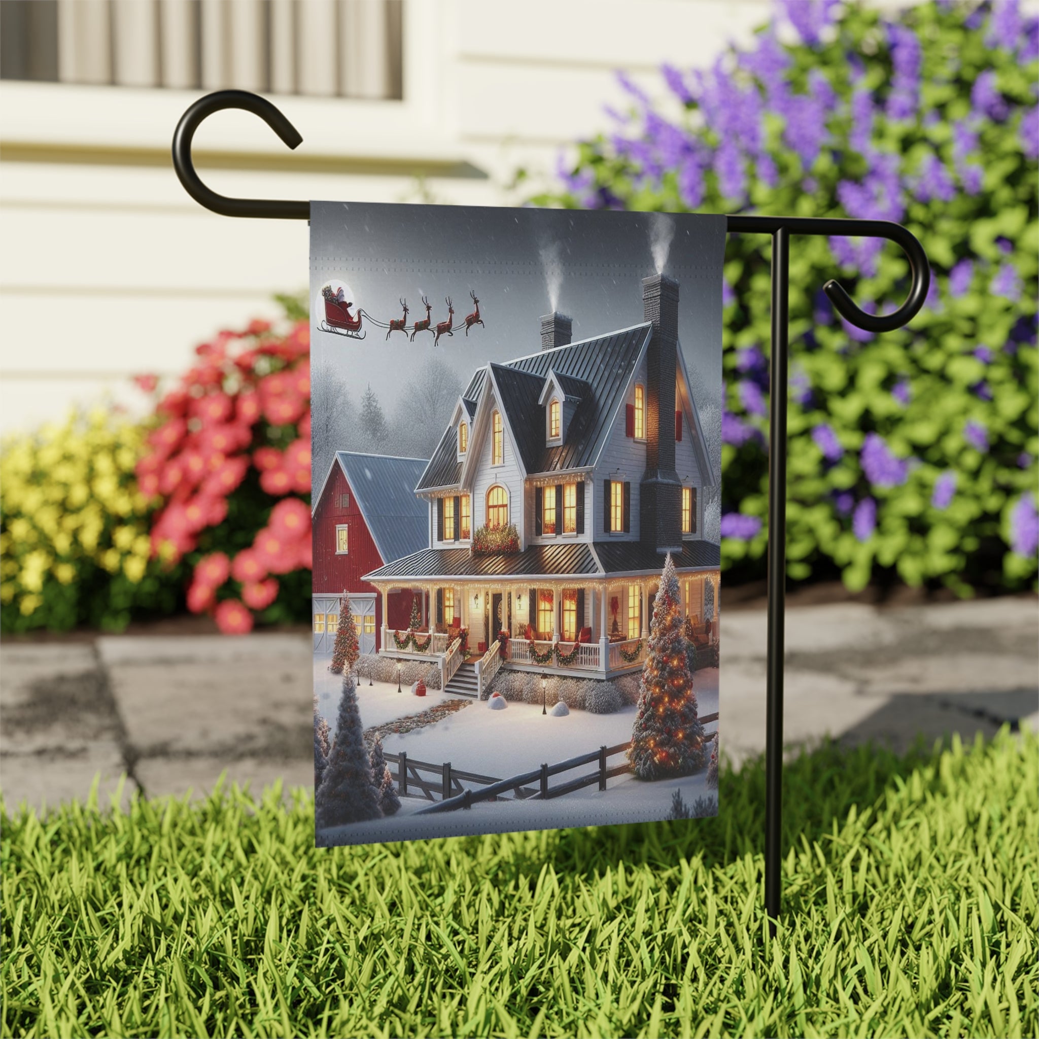 Snowy Victorian House Garden Flag | Christmas Yard Banner
