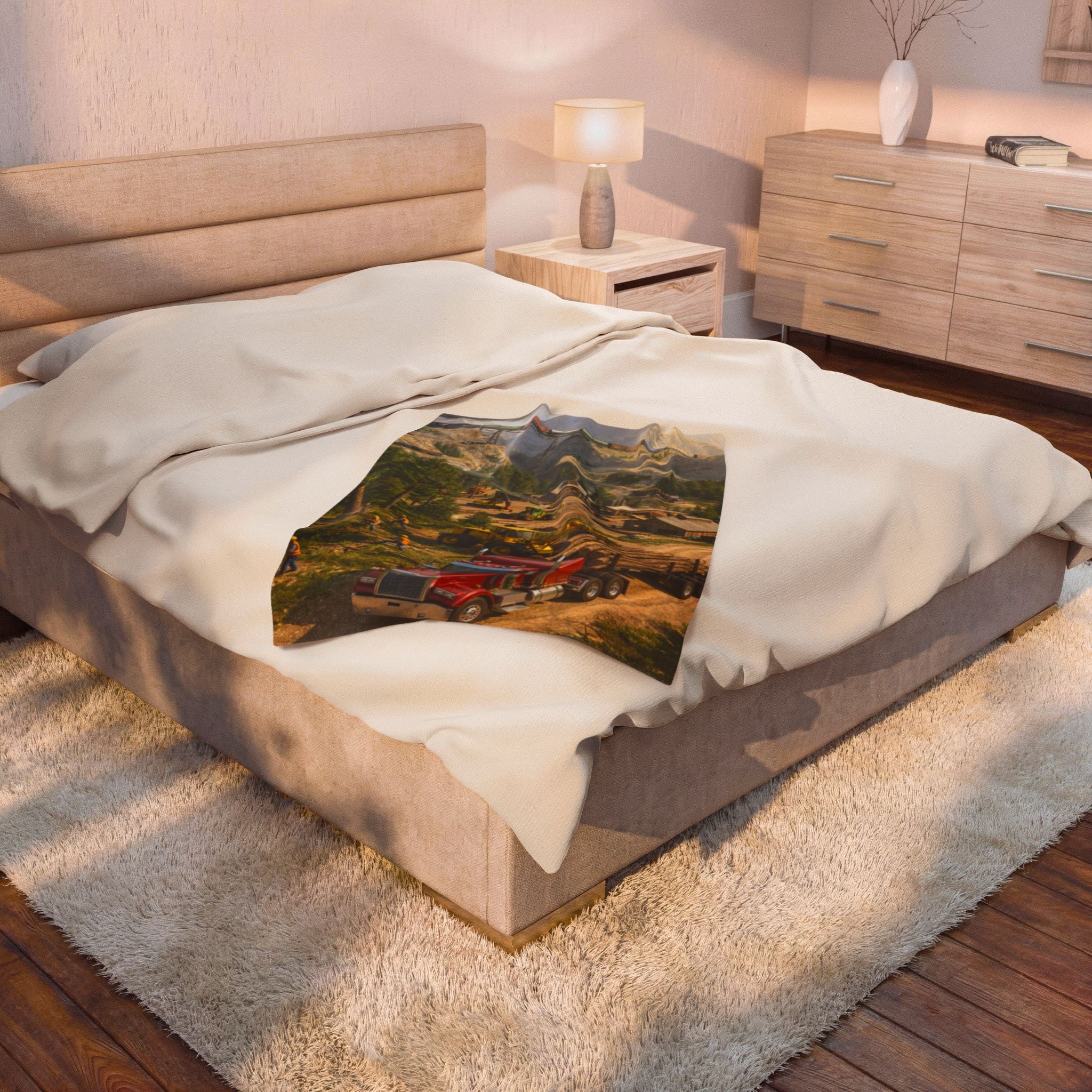 Red Tractor Logging Scene Velveteen Plush Blanket | Quarry Train Illustration