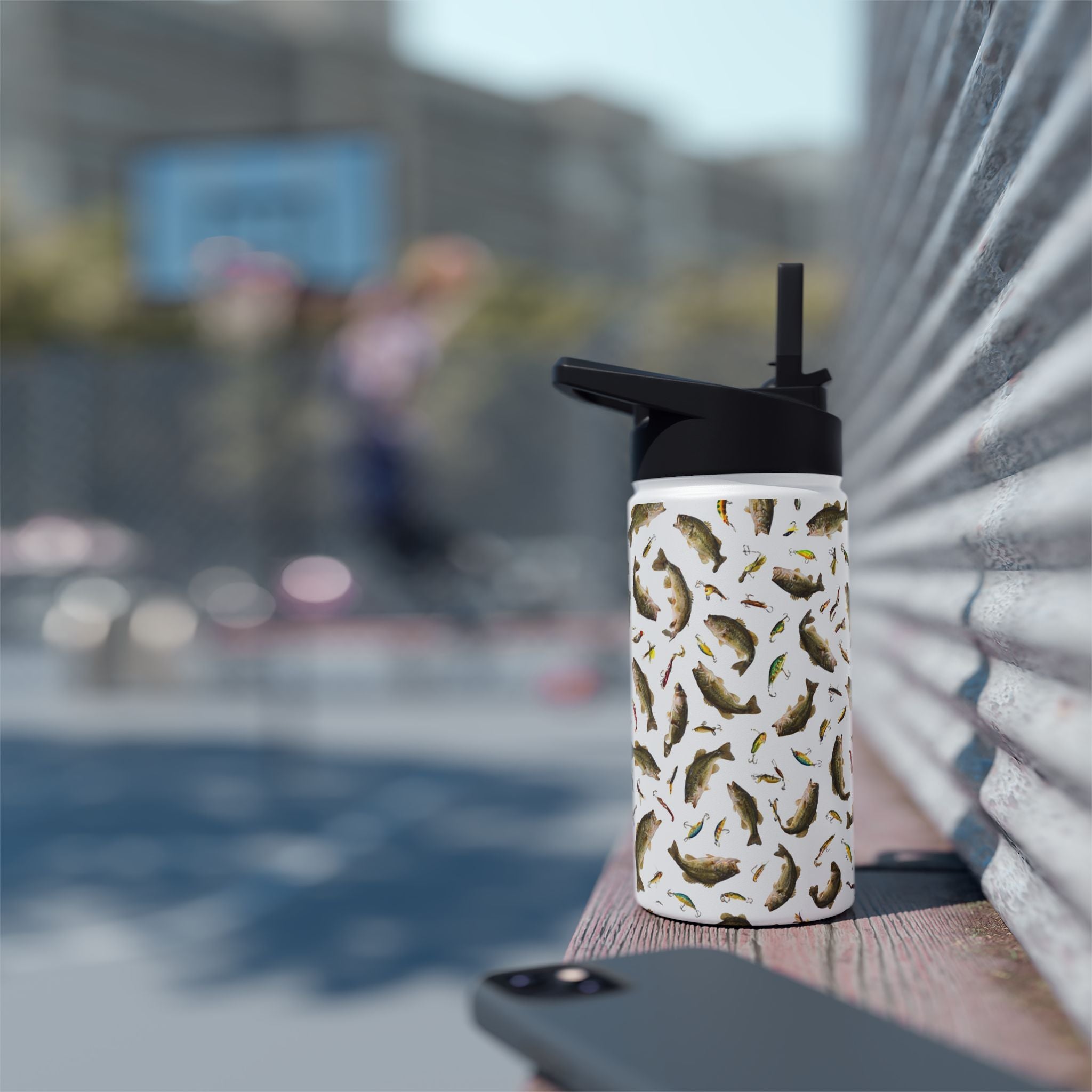Bass Pattern Stainless Steel Water Bottle | Fishing Fish Design
