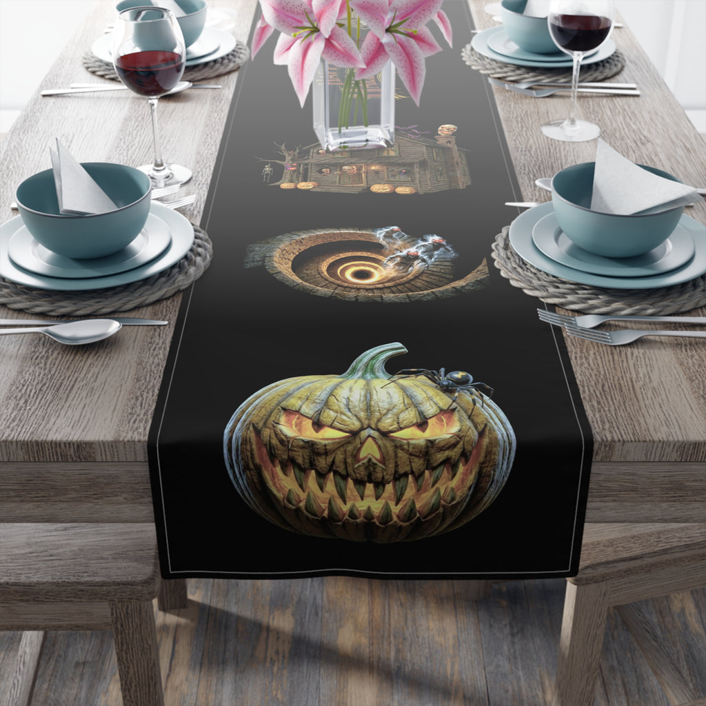 Jack-O'-Lantern & Haunted House Table Runner | Vintage Halloween Storybook Decor
