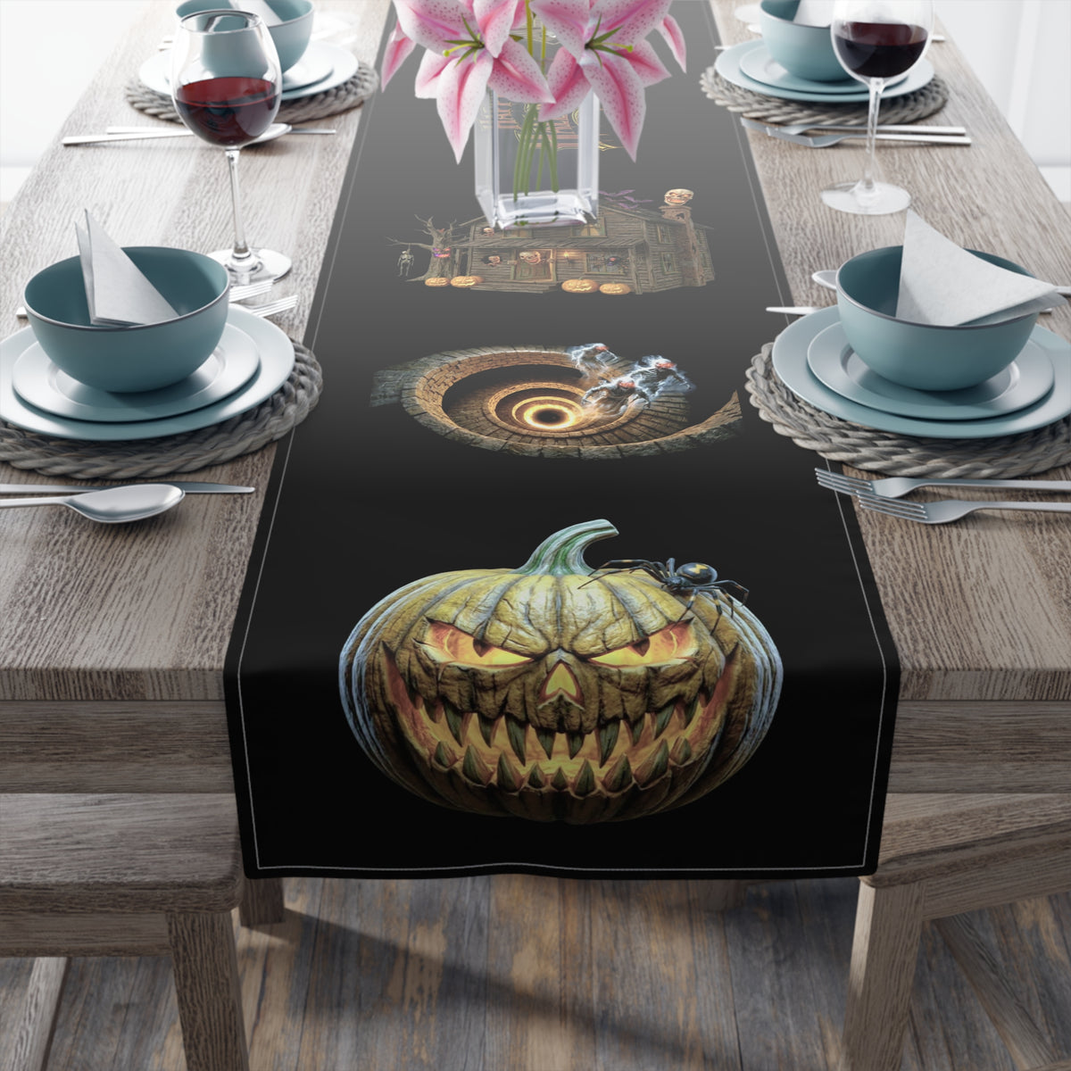 Jack-O'-Lantern & Haunted House Table Runner | Vintage Halloween Storybook Decor