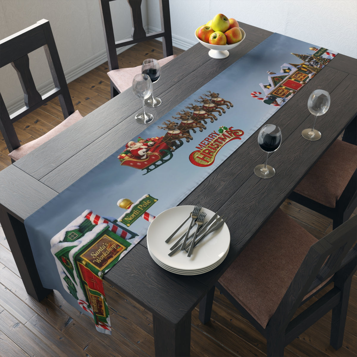 Christmas Village Scene Table Runner | Holiday Snowy Cottage Design