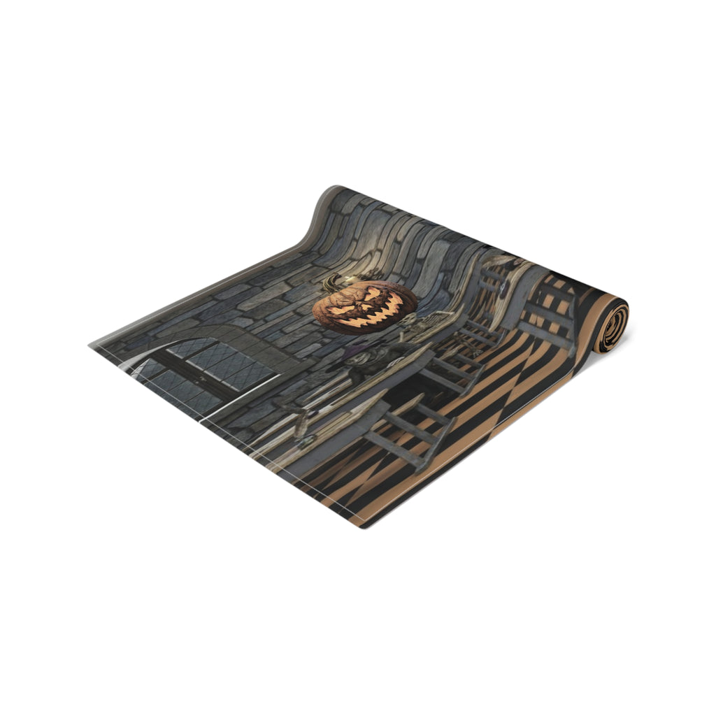 Haunted Library Table Runner | Shadowed Books, Vintage Bottles & Gothic Scene – Halloween Decor
