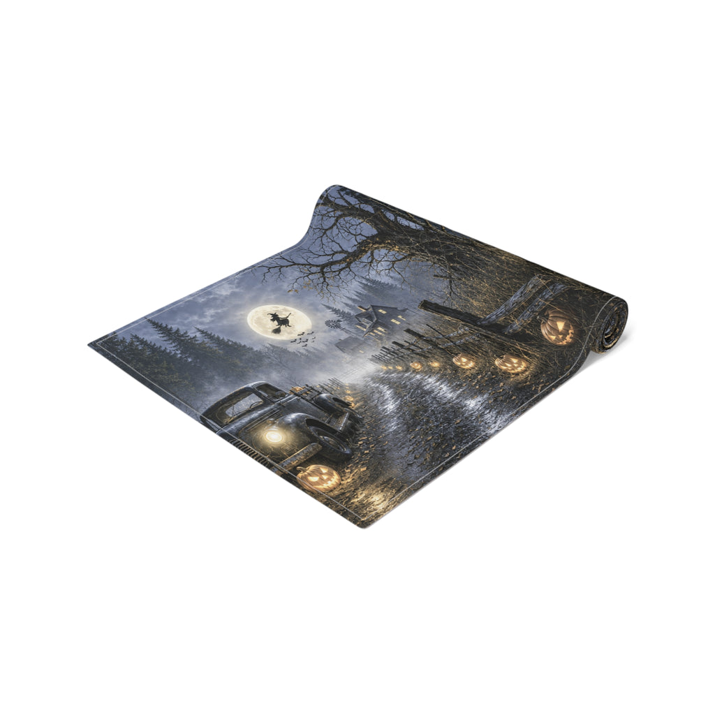 Spooky Truck Halloween Table Runner | Pumpkin Lined Road, Full Moon