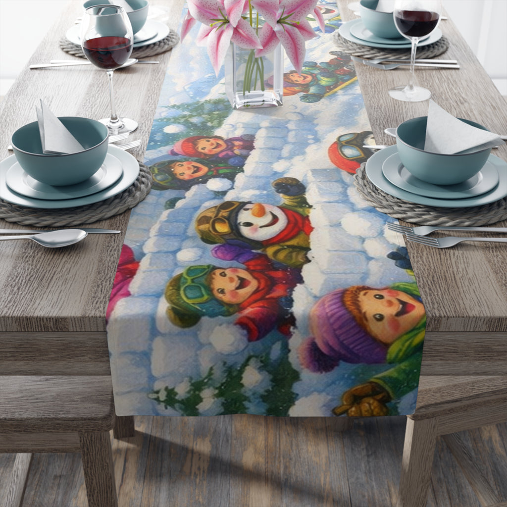 Snowman Winter Scene Table Runner | Holiday Snowball Fight