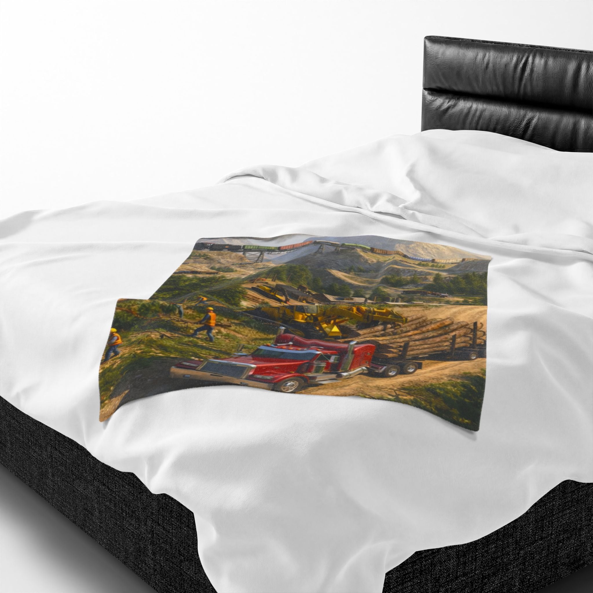 Red Tractor Logging Scene Velveteen Plush Blanket | Quarry Train Illustration