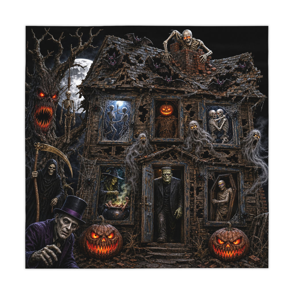 Spooky Haunted House Halloween Tablecloth — Creepy Pumpkin & Ghosts Party Decor