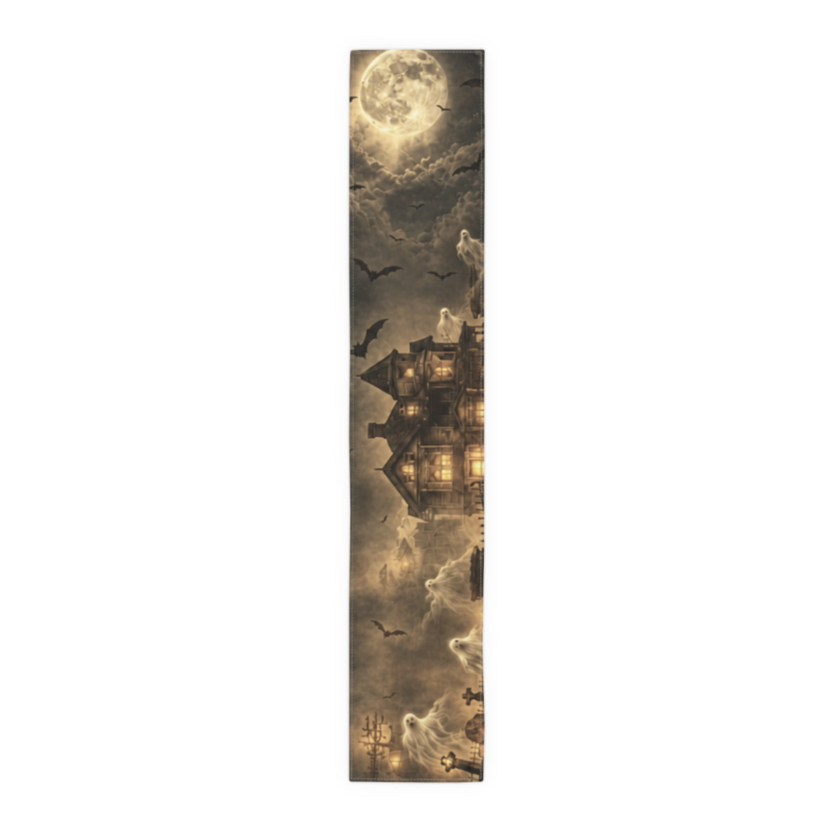 Haunted Victorian House Table Runner | Ghostly Graveyard, Mist & Lone Lit Window – Cotton or Poly