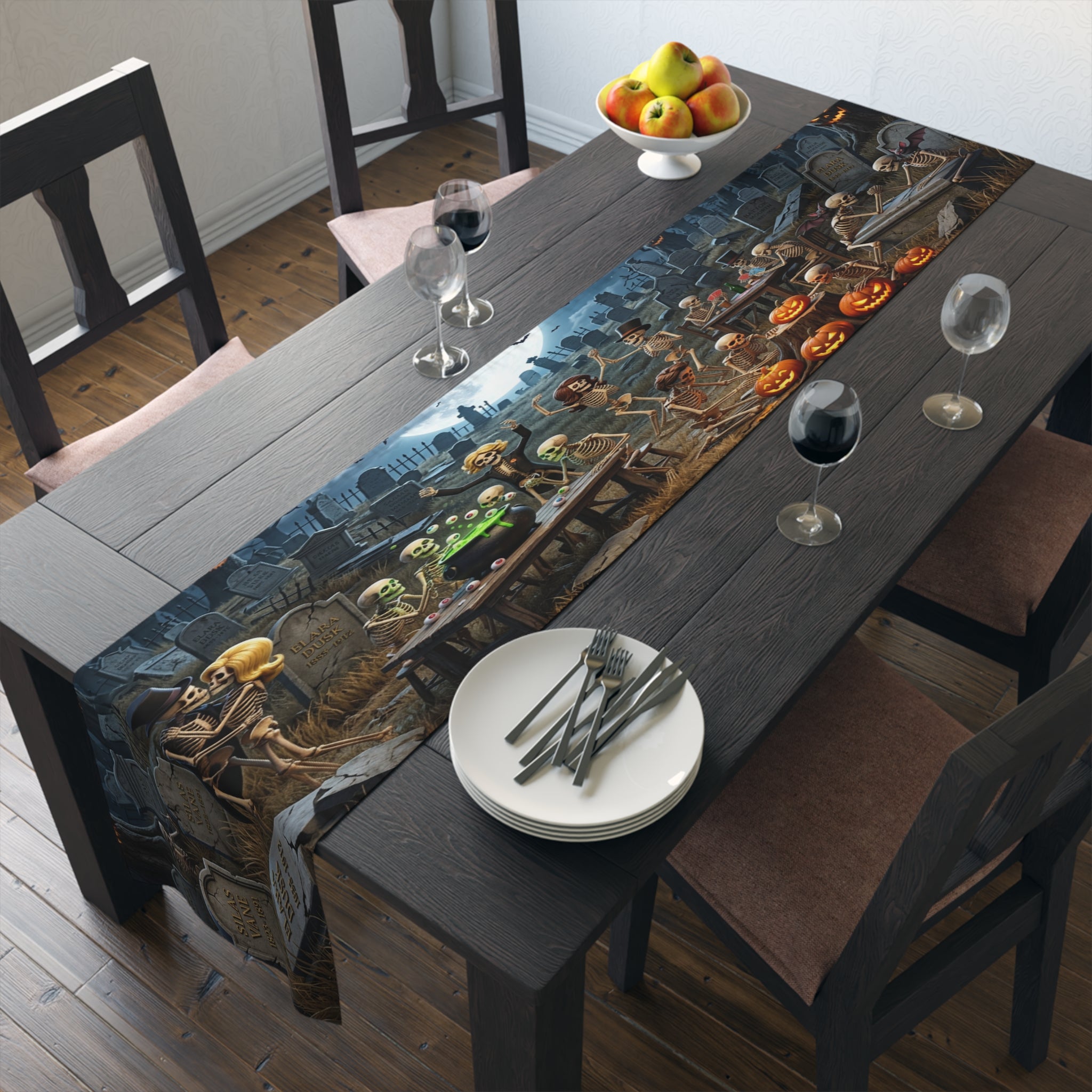 Haunted Graveyard Scene Table Runner | Halloween Cemetery Design