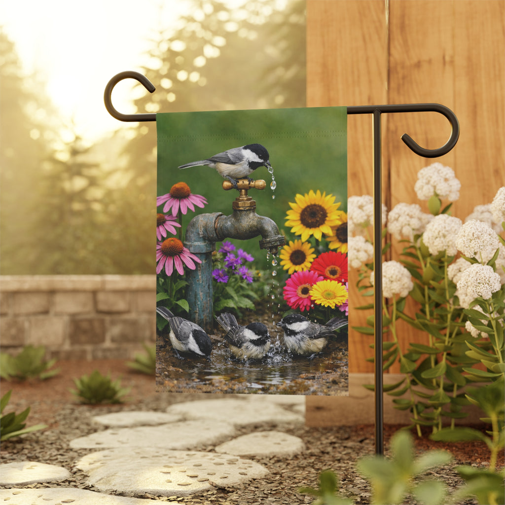 Chickadee Birds on Faucet Garden Flag