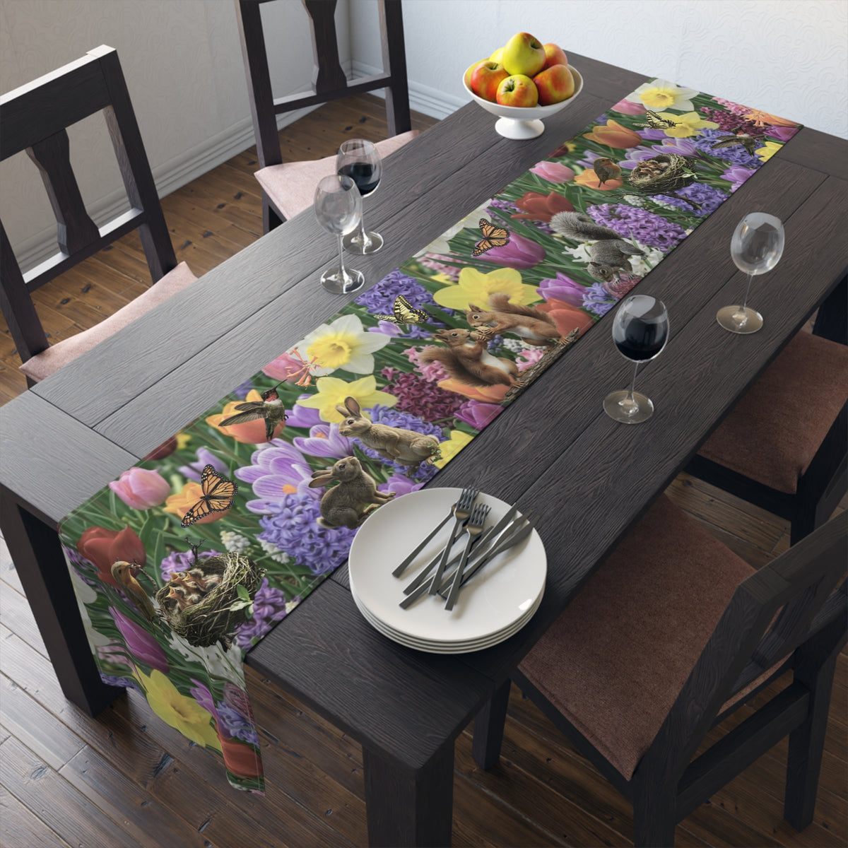 Spring Garden Birds Table Runner | Floral Tulip & Daffodil Dining Decor