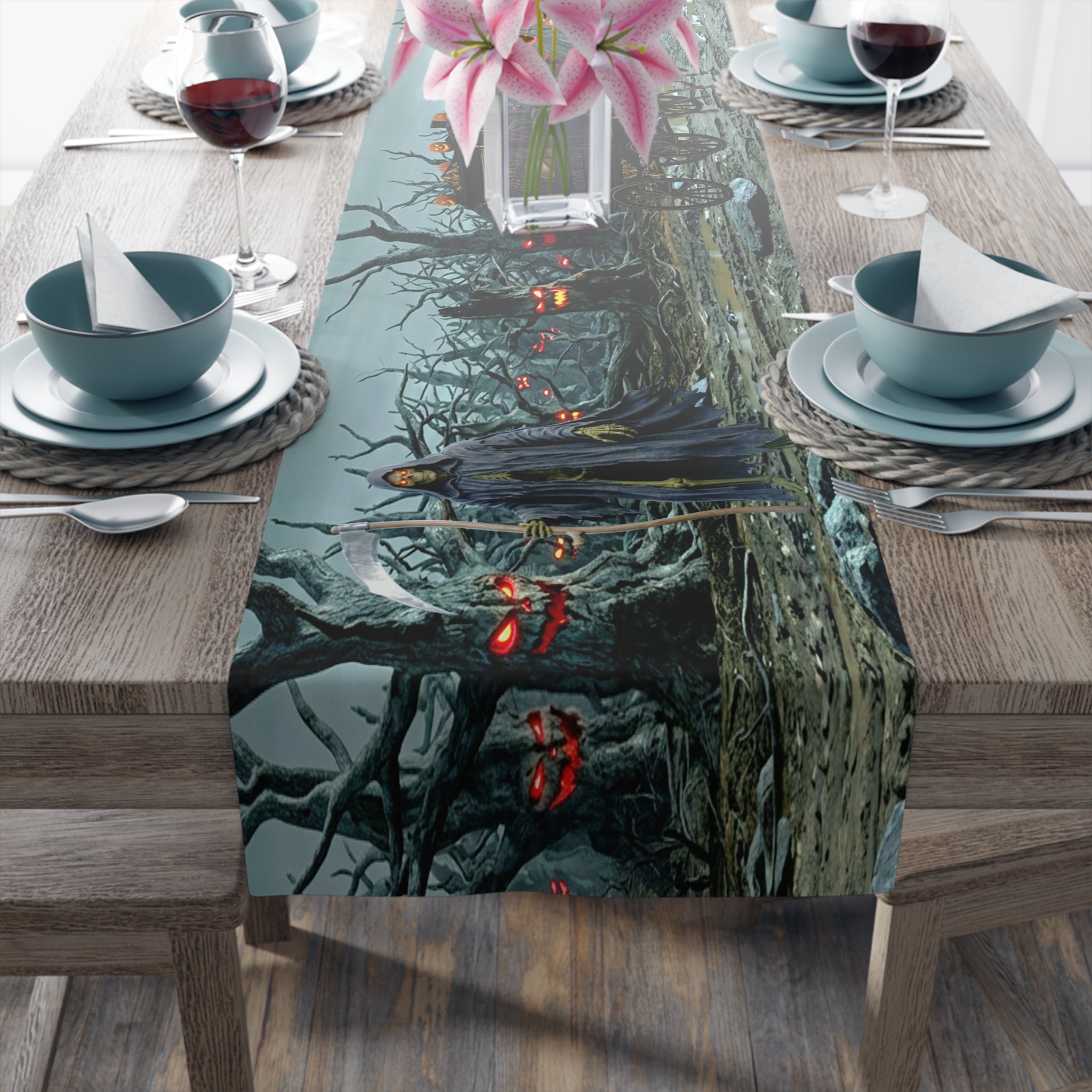 Haunted Hearse Carriage Table Runner | Halloween Spooky Graveyard Scene