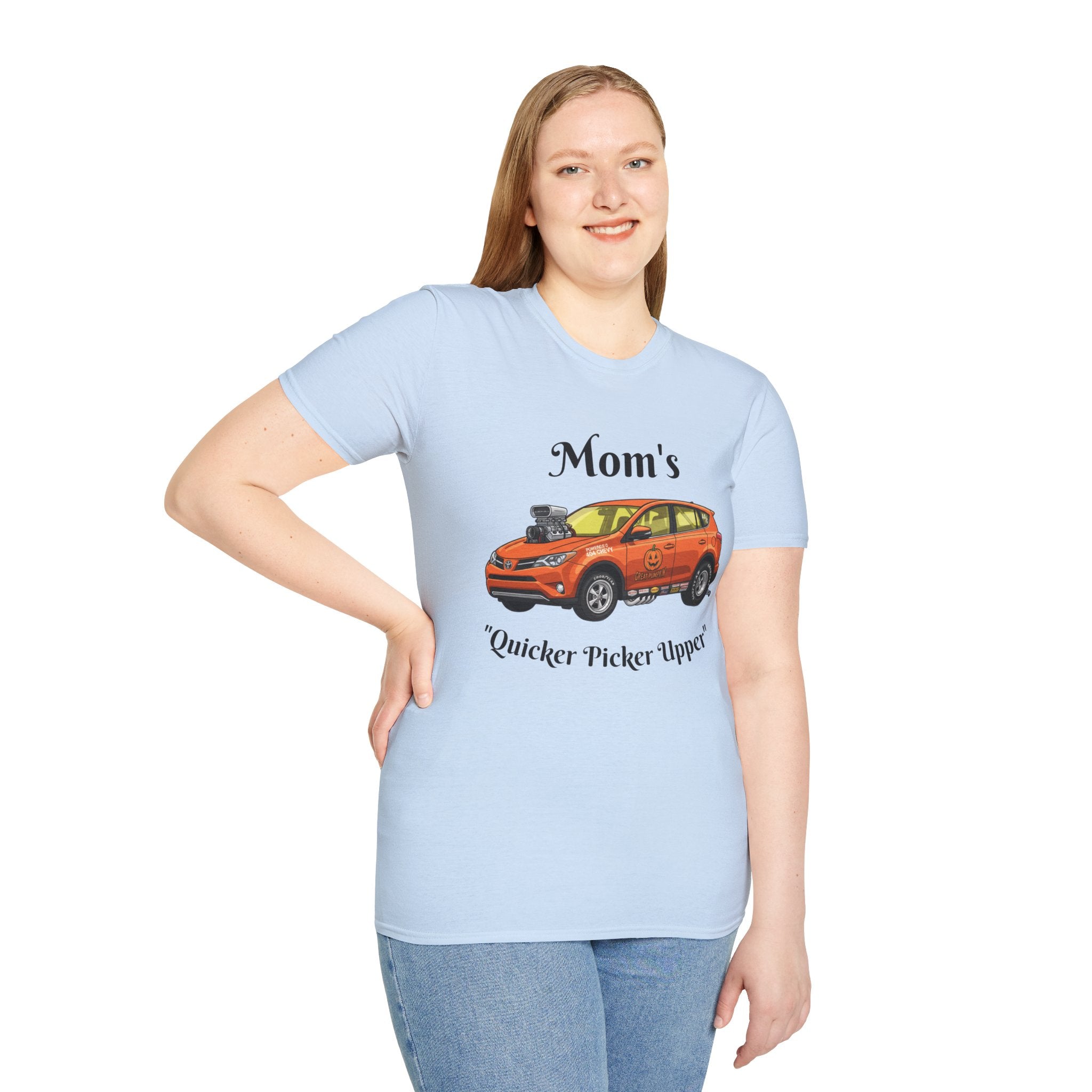 Car Enthusiast T-Shirt — Orange Hot Rod SUV Graphic with “Quicker Picker Upper”