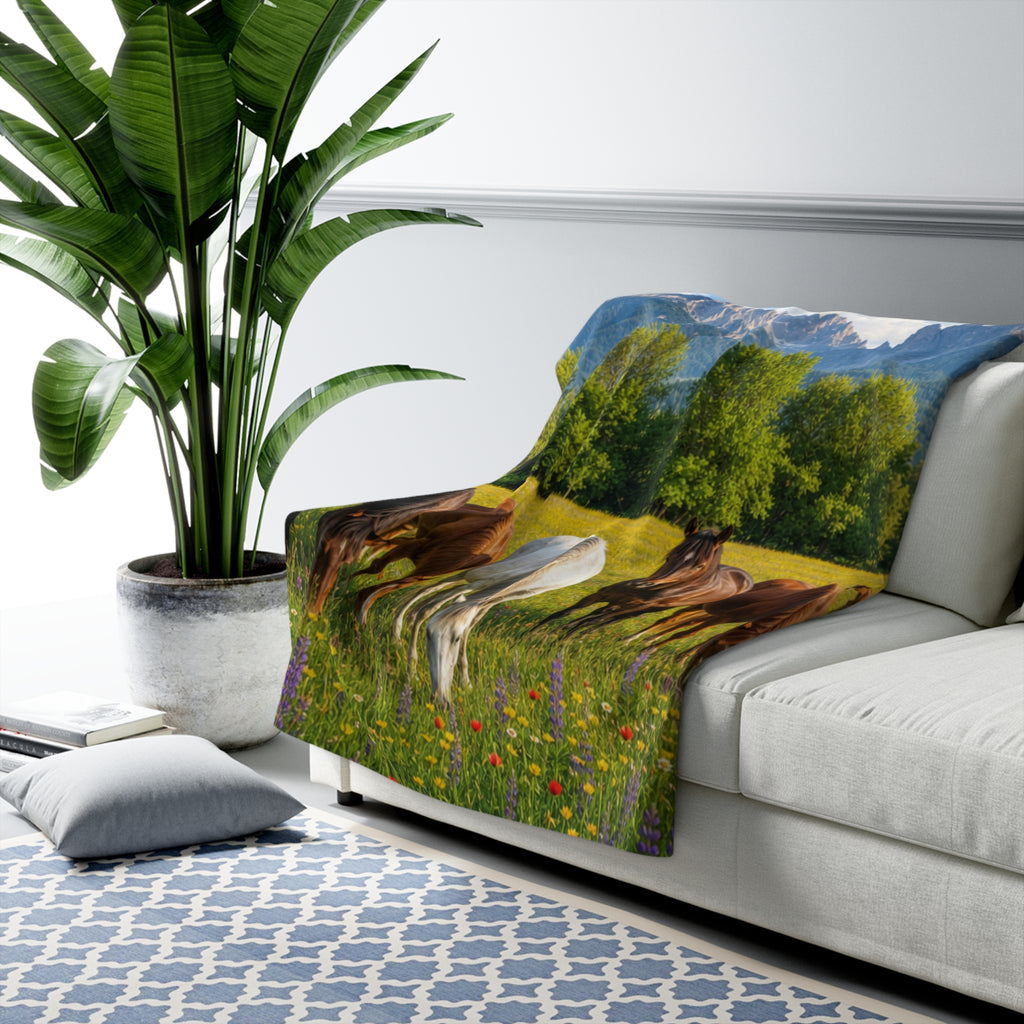 Sherpa Fleece Blanket Horses in Wildflower Meadow | Mountain Pasture Scene