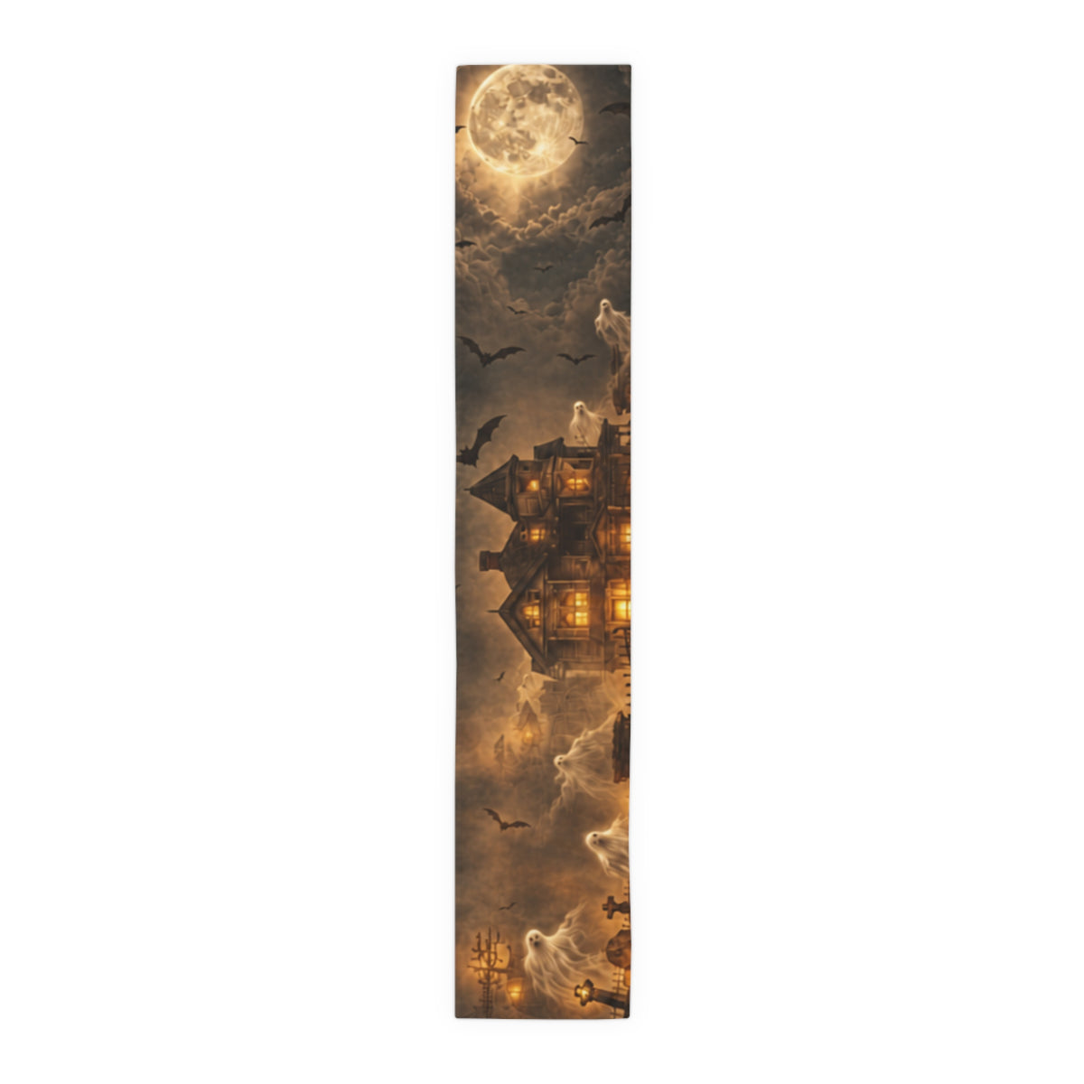 Haunted Victorian House Table Runner | Ghostly Graveyard, Mist & Lone Lit Window – Cotton or Poly