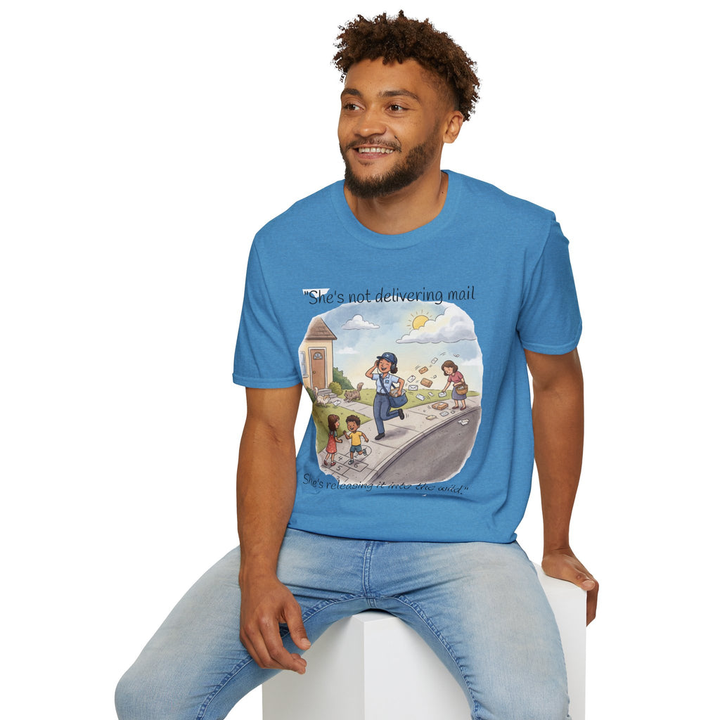 T‑Shirt – "She’s not delivering mail, she’s delivering a little wind" Cute Postal Worker Illustration Tee