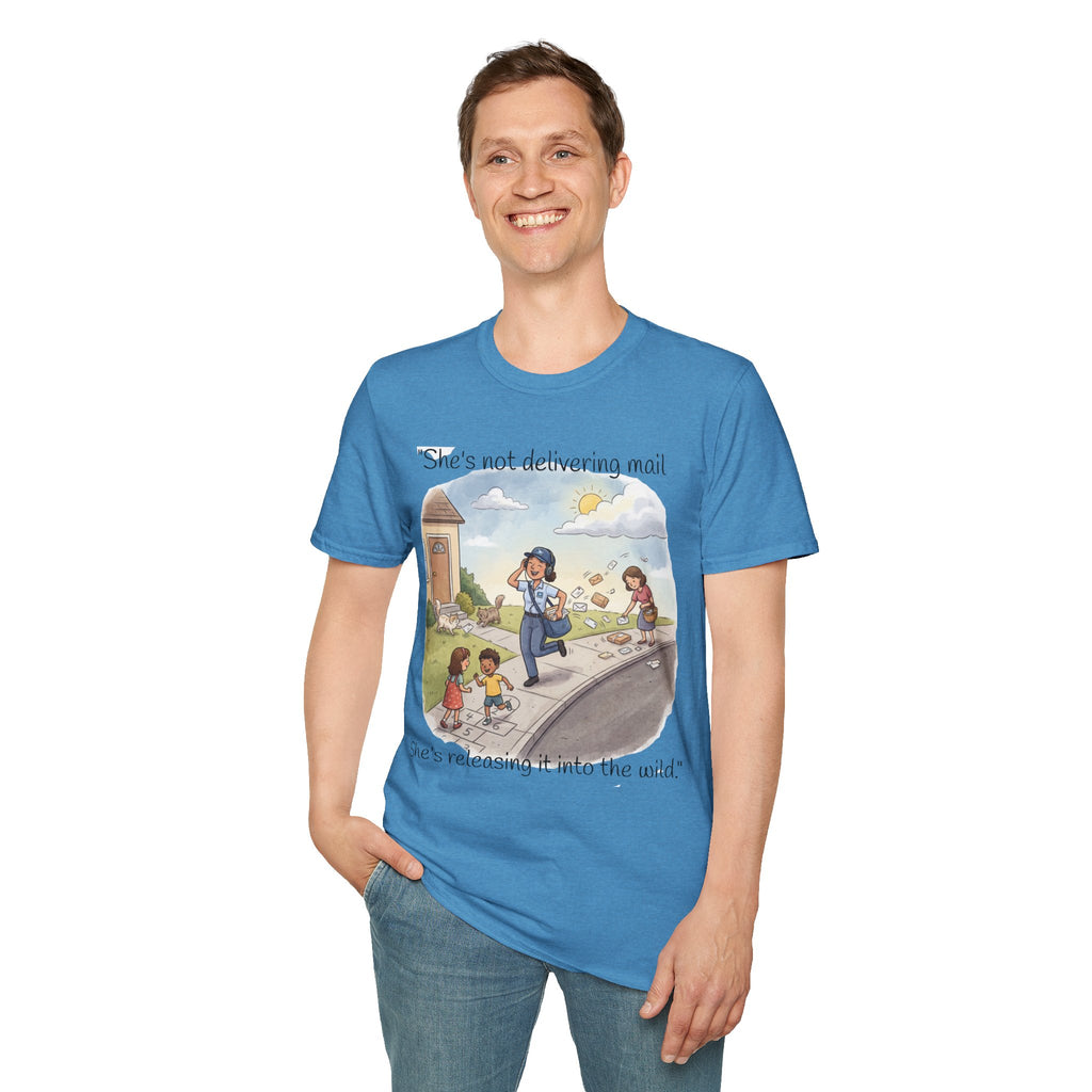 T‑Shirt – "She’s not delivering mail, she’s delivering a little wind" Cute Postal Worker Illustration Tee