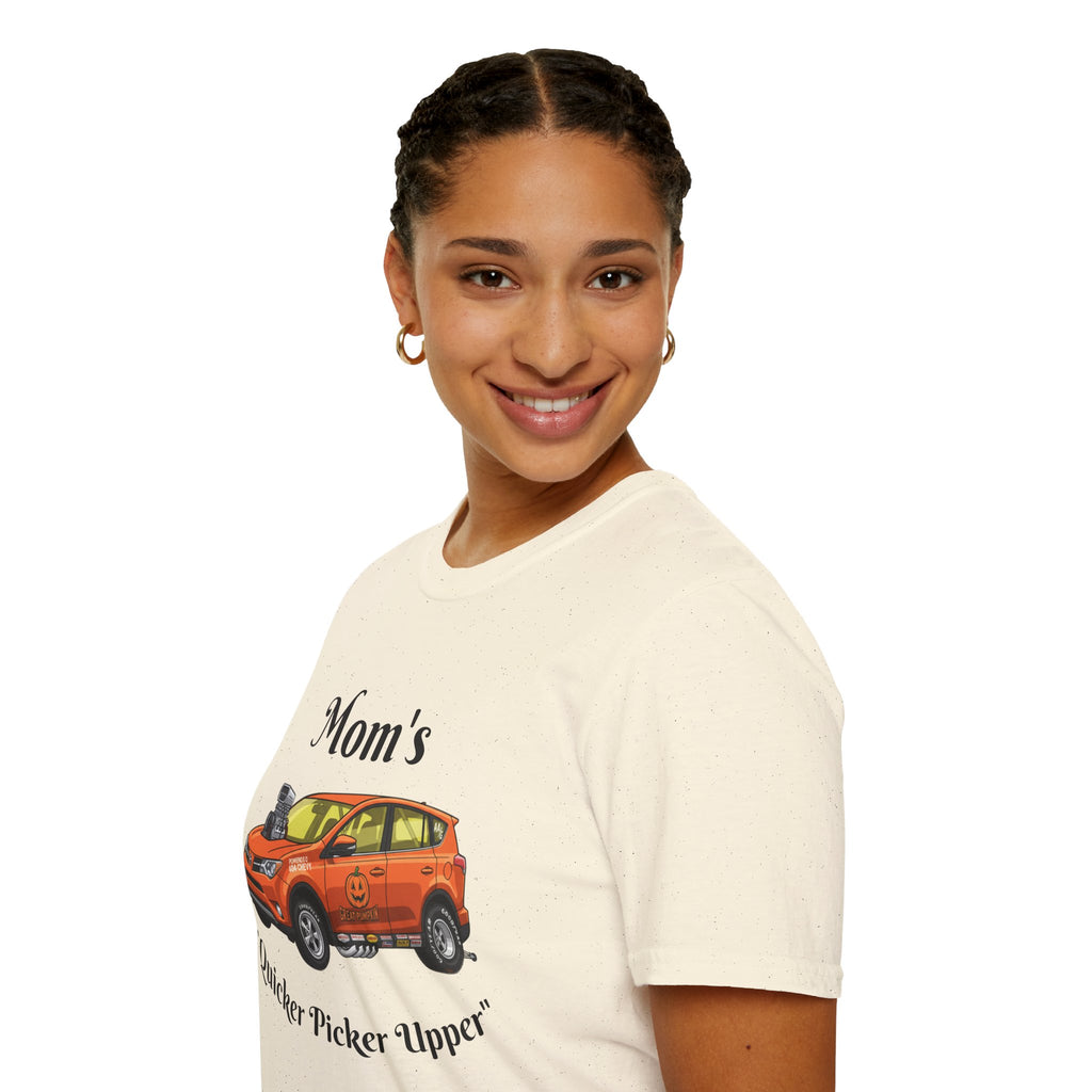 Car Enthusiast T-Shirt — Orange Hot Rod SUV Graphic with “Quicker Picker Upper”