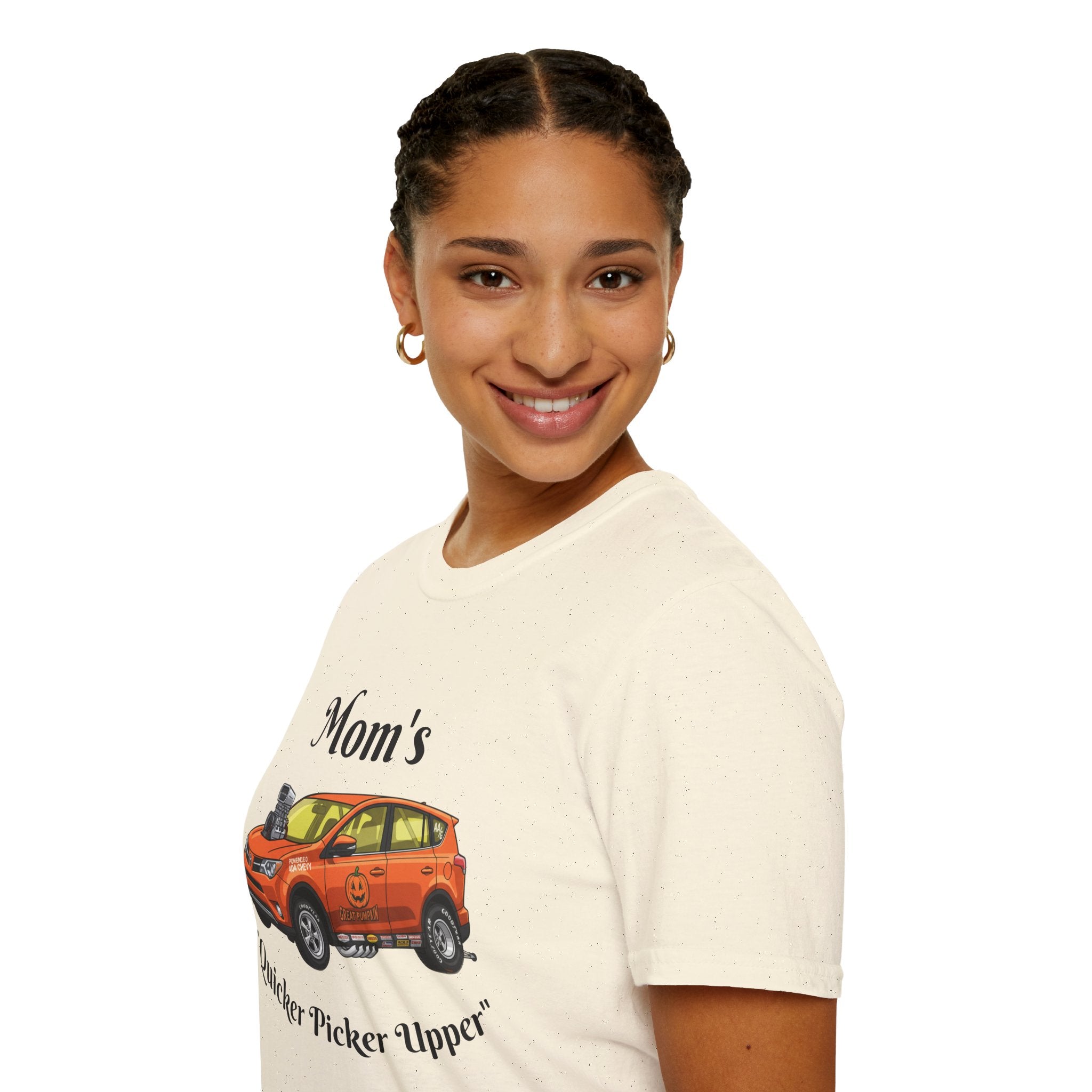 Car Enthusiast T-Shirt — Orange Hot Rod SUV Graphic with “Quicker Picker Upper”