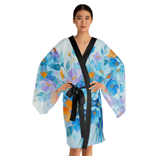 Blue & Orange Floral Kimono Robe - Watercolor Flowers