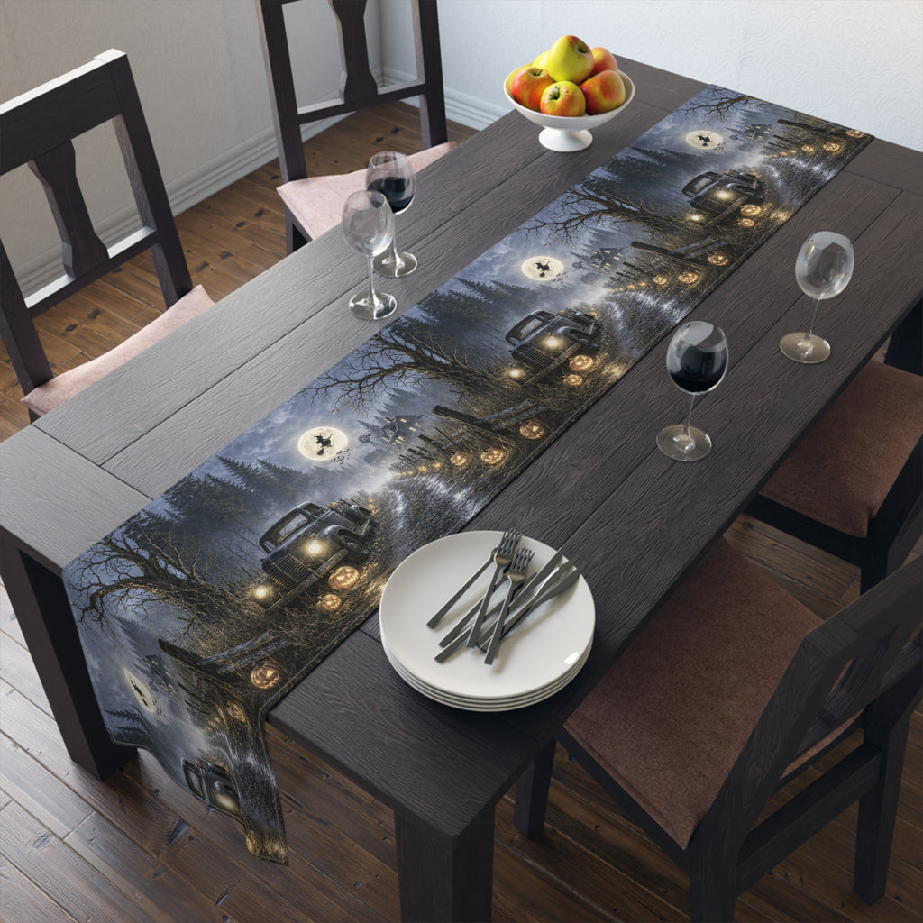 Spooky Truck Halloween Table Runner | Pumpkin Lined Road, Full Moon